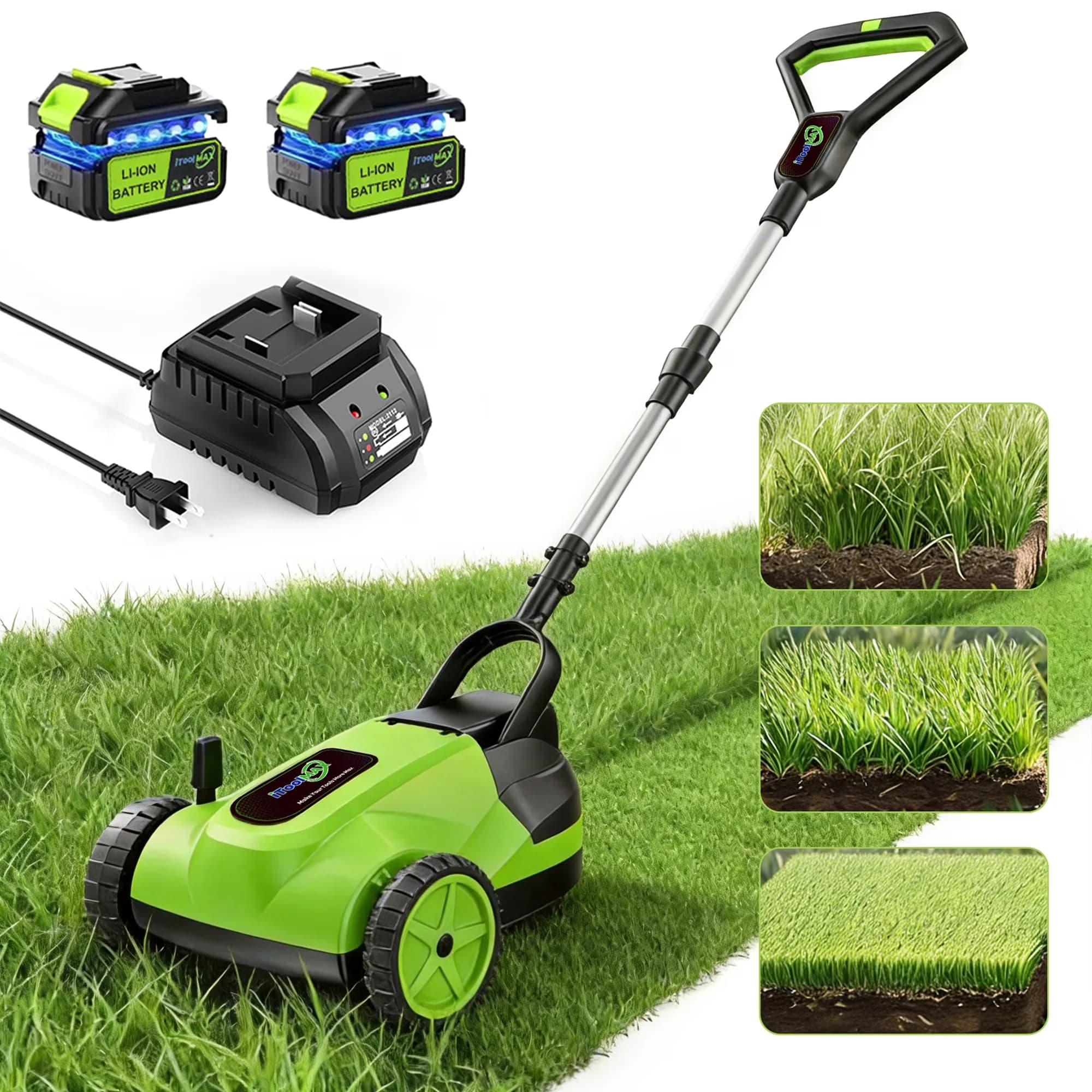 Efficient Push Mower with Battery, Brushless Motor, Adjustable Cutting Height - Green Model 8E2651