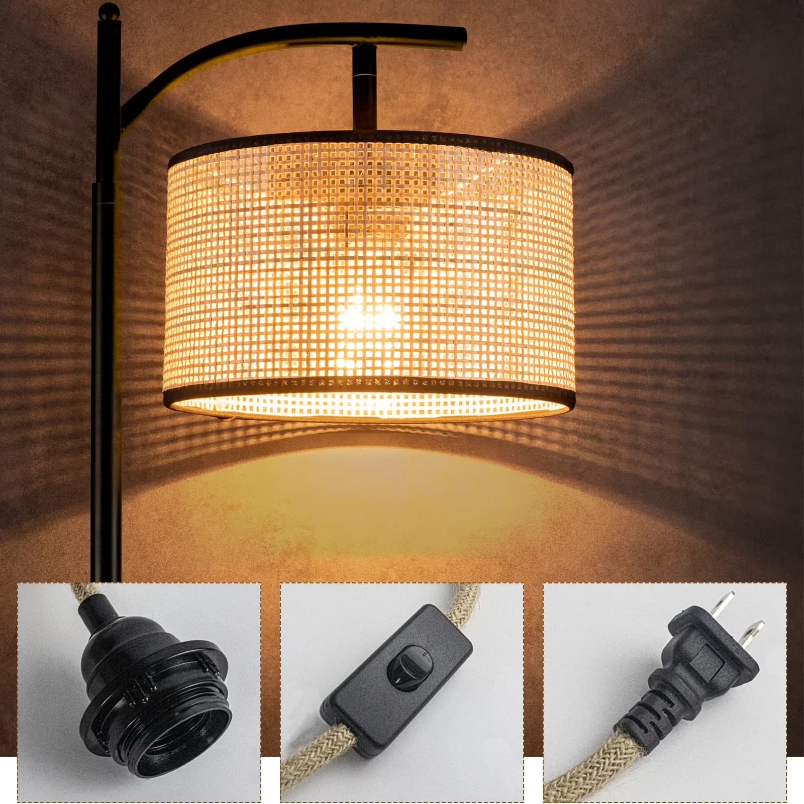 Stylish Floor Lamp with Incandescent, Standard Lamps, Boho Rattan - Black Metal for Living Room Model 7E2E7E