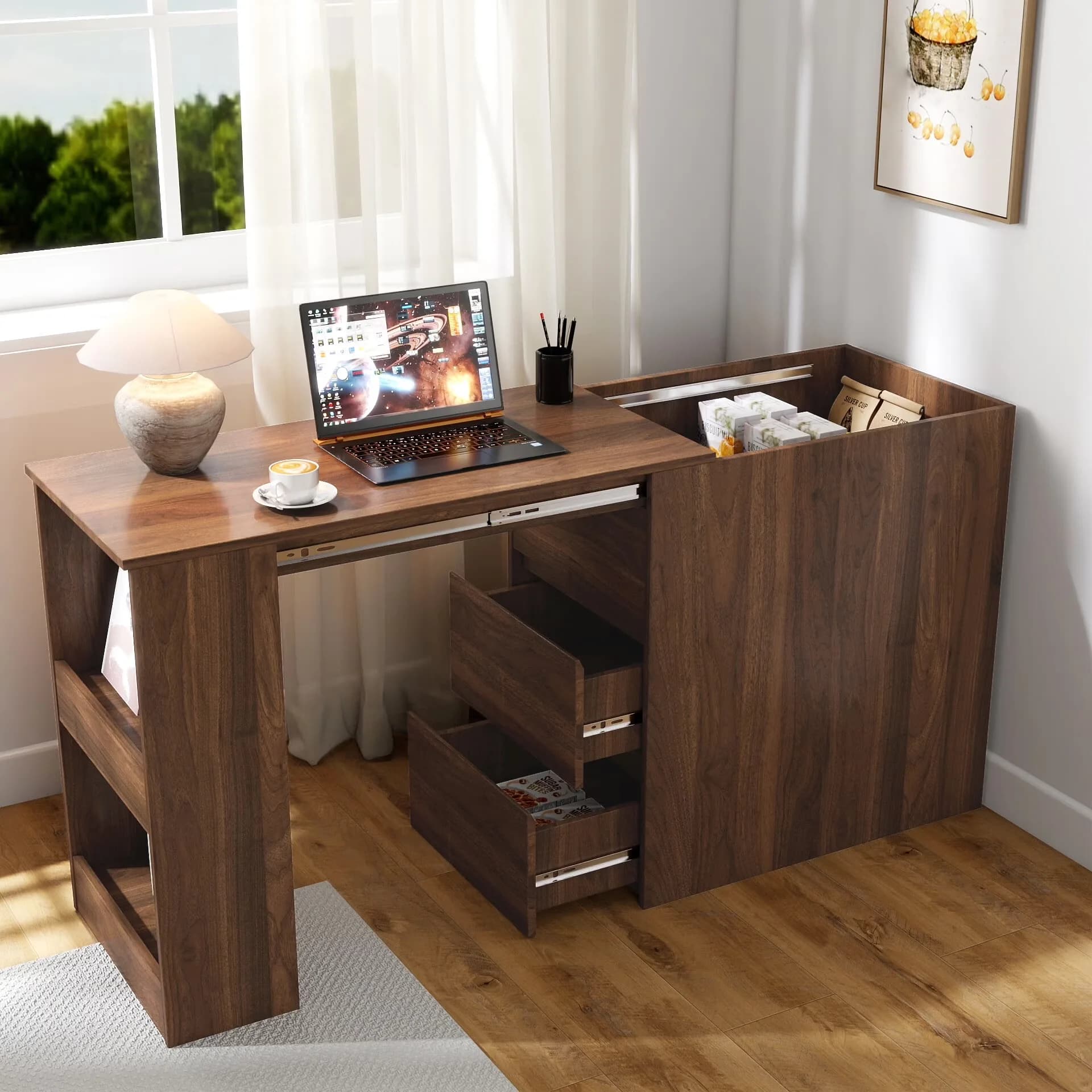 Efficient Toolstorage with Drawers, extendable table, Modern Corner Home Office storage - Brown Particle Board+Mdf for Home, Office Model 56197E