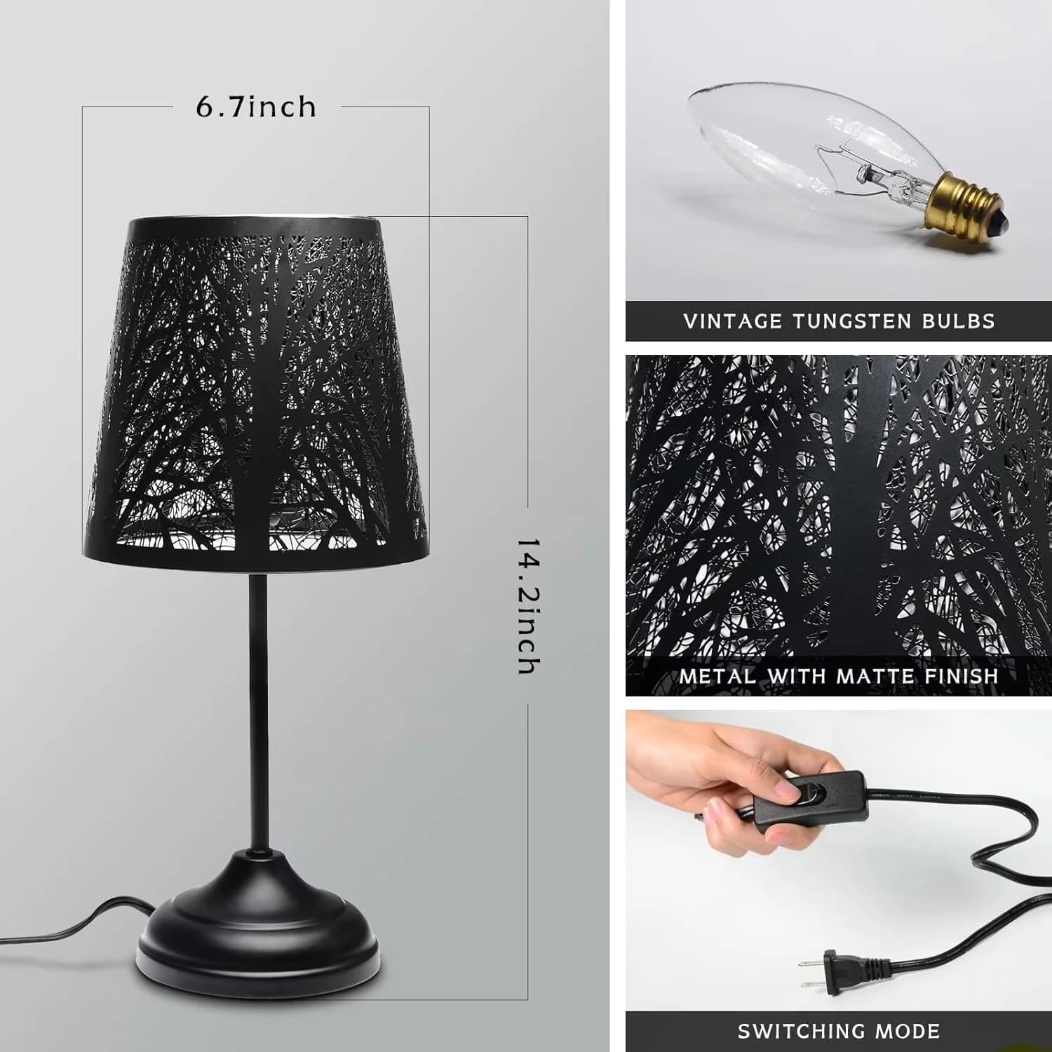 Lamp Set Premium with Rustic Bedside, Black Metal Tree Shadow Table for Living Room, Bedroom - Model 413FE0