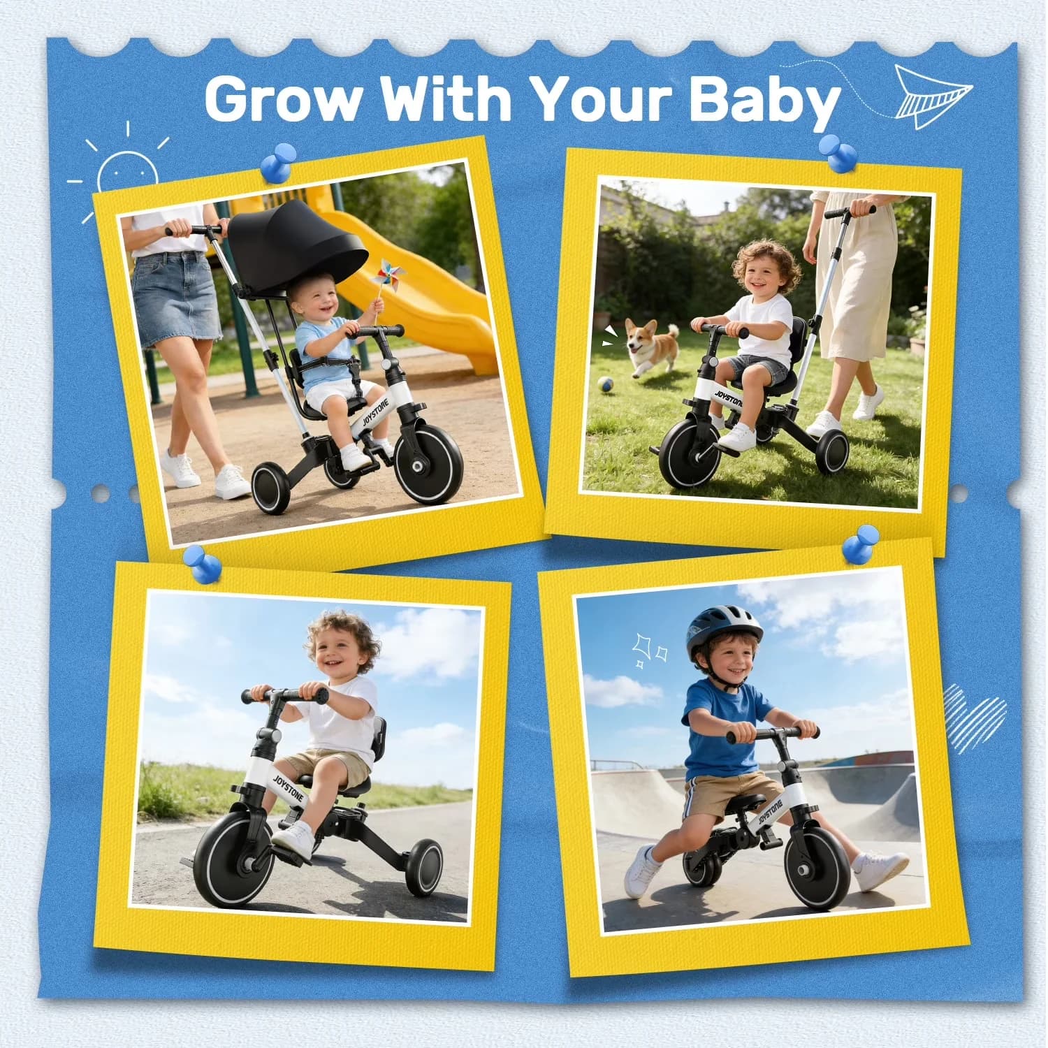 Efficient Kids Bike with Adjustable Seat, Push Tricycle, Adjustable Canopy - White Model D05645