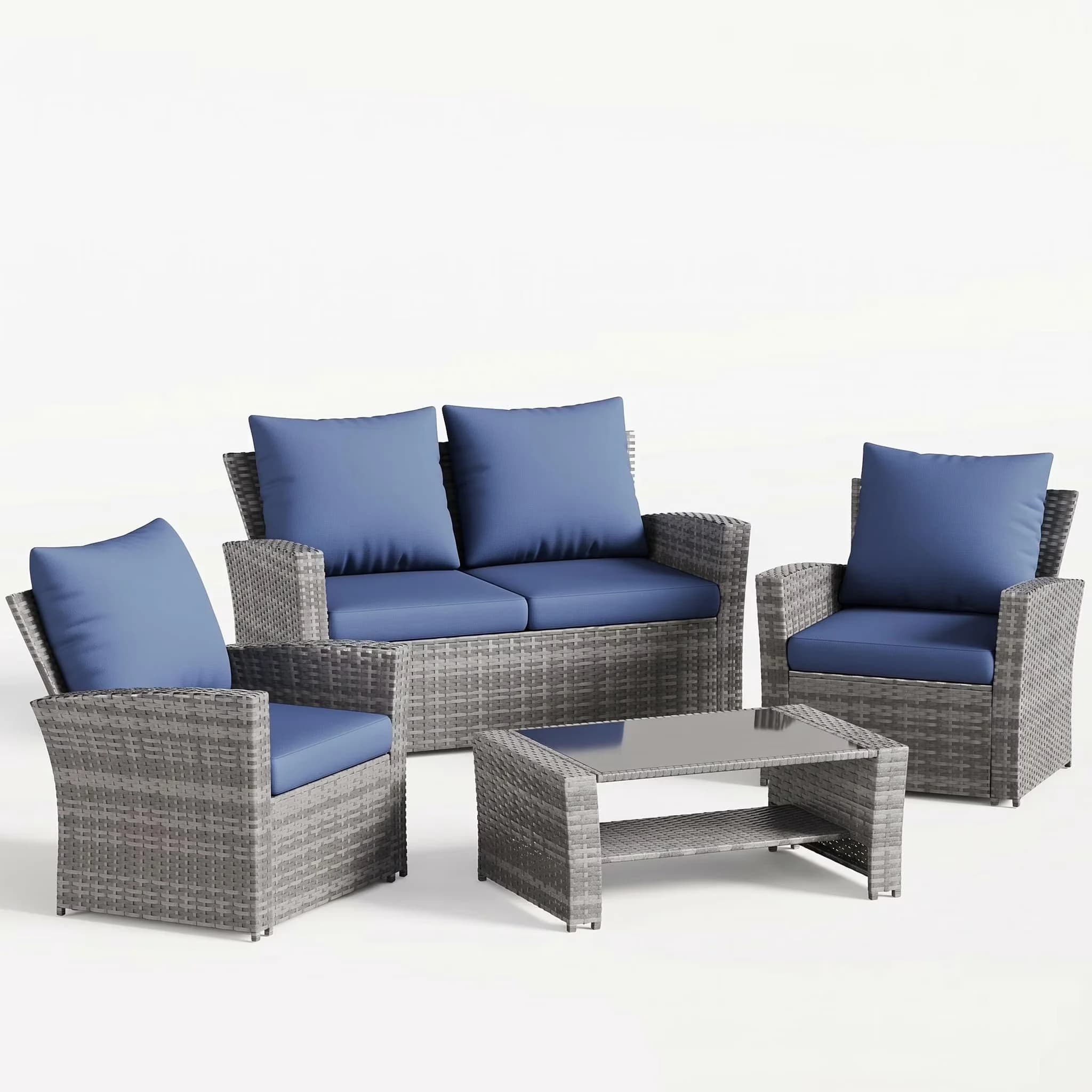Stylish Patio Conversation Set with Weatherproof, 2 Single Chairs and Glass Coffee Table - High -Quality Editor Vine Blue Model CB789F