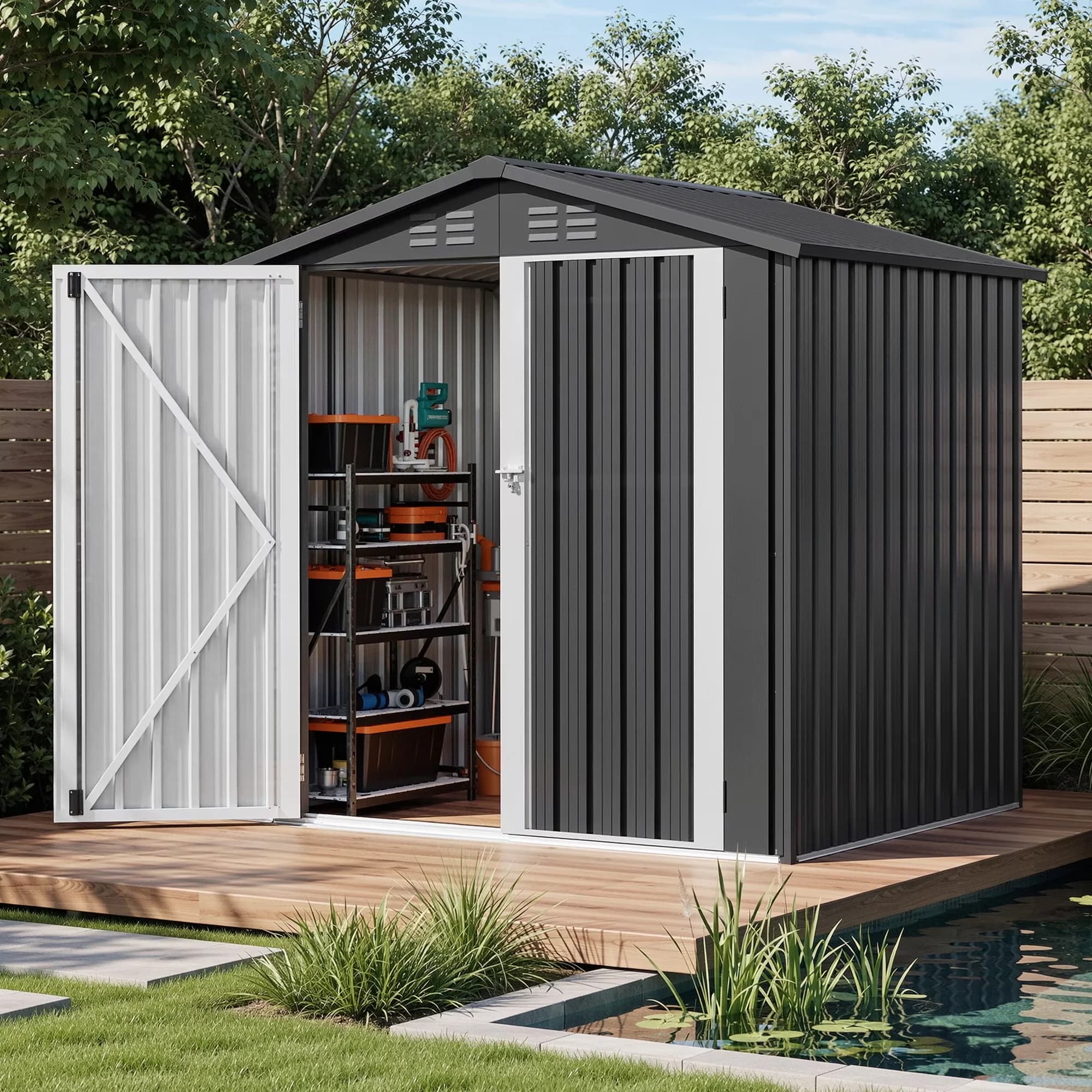 Durable Shed with 6'x4' Steel Outdoor Storage, Lockable Doors & Sloped Roof - Black Metal for Garden, Patio Model 234D25