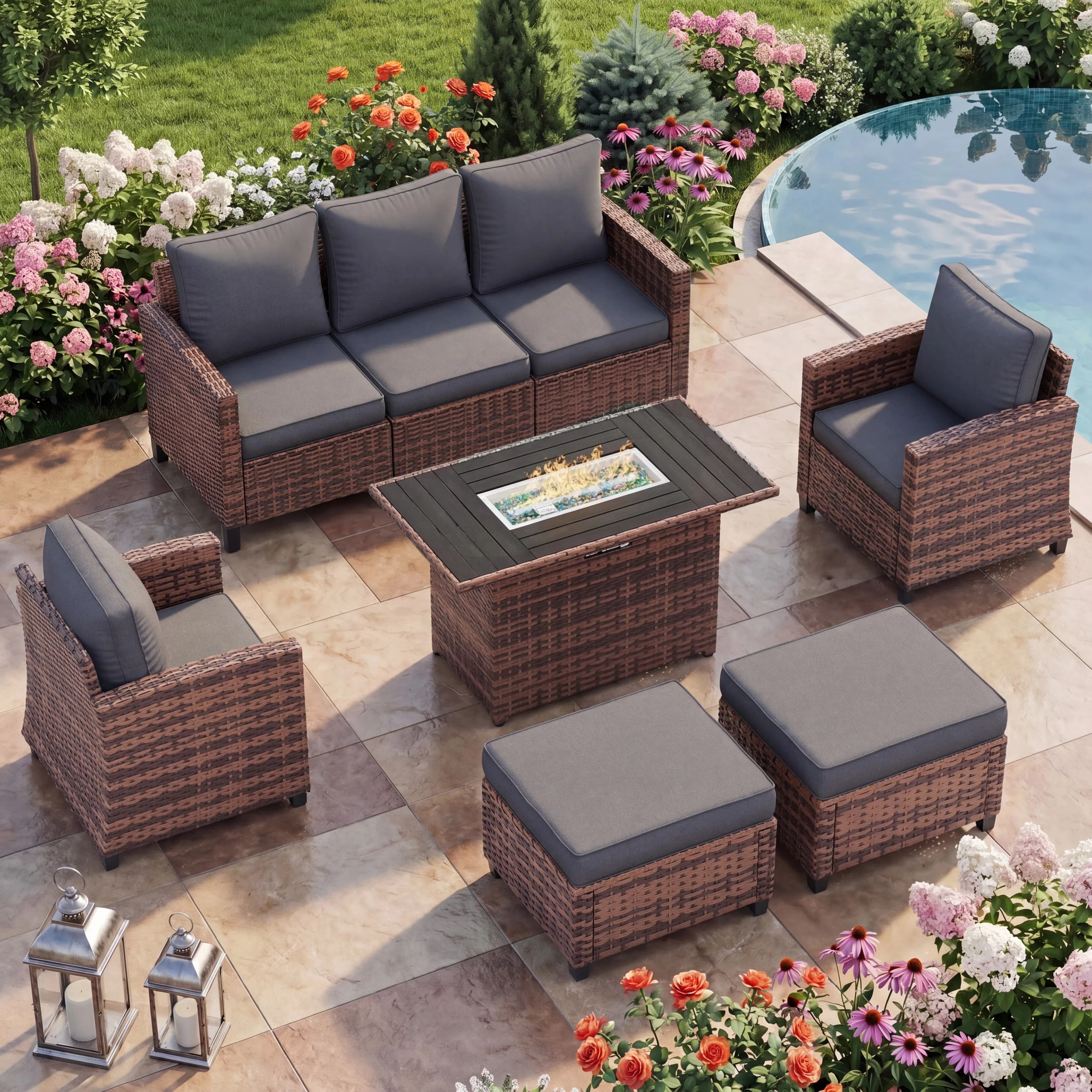 Modern Outdoor Heating with Weatherproof, windscreen, Gas Burning Fire Pit - Brown Rattan Model AA99E4