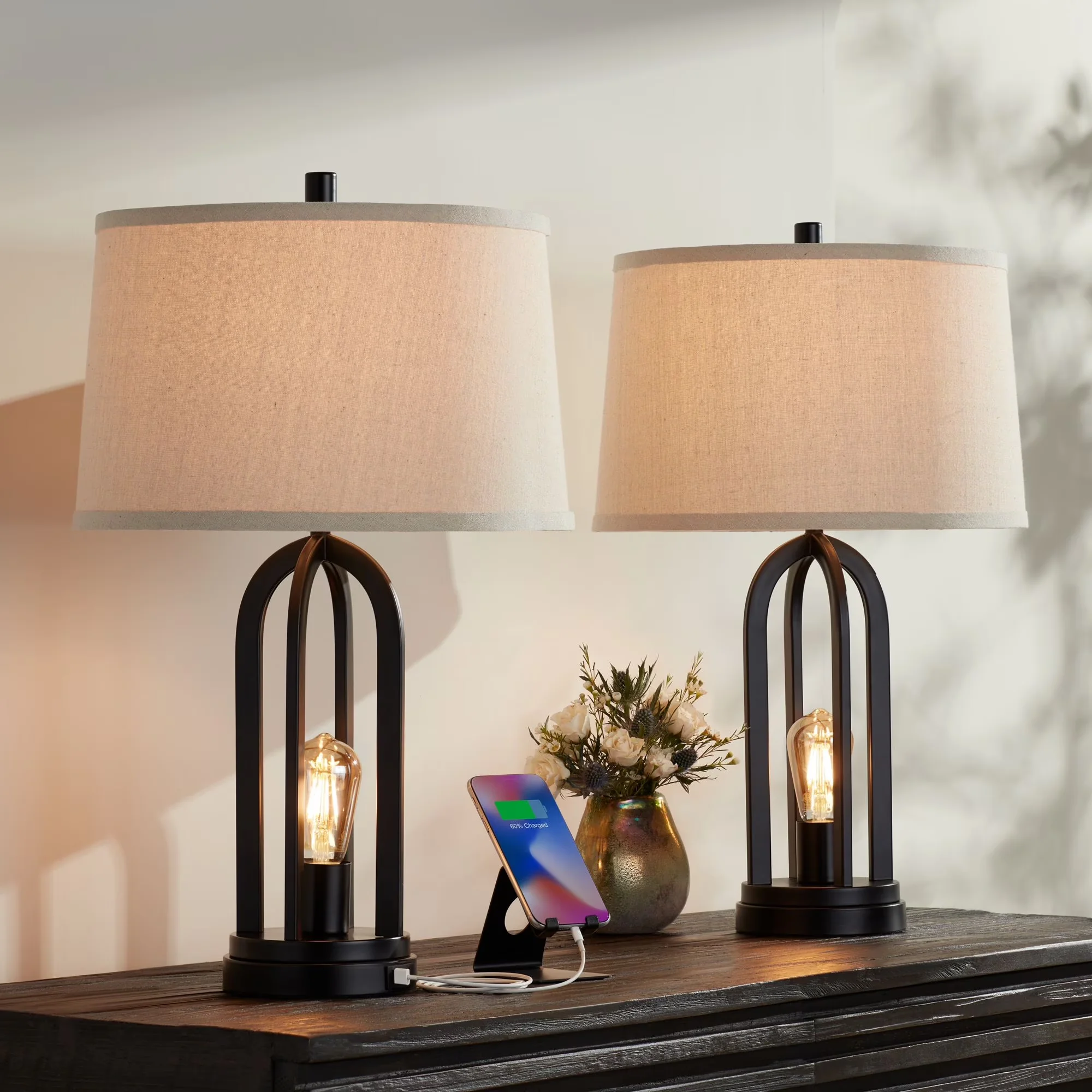 Versatile Lamp Set with LED, Usb Port - Black Metal for Living Room, Bedroom Model 510A8E