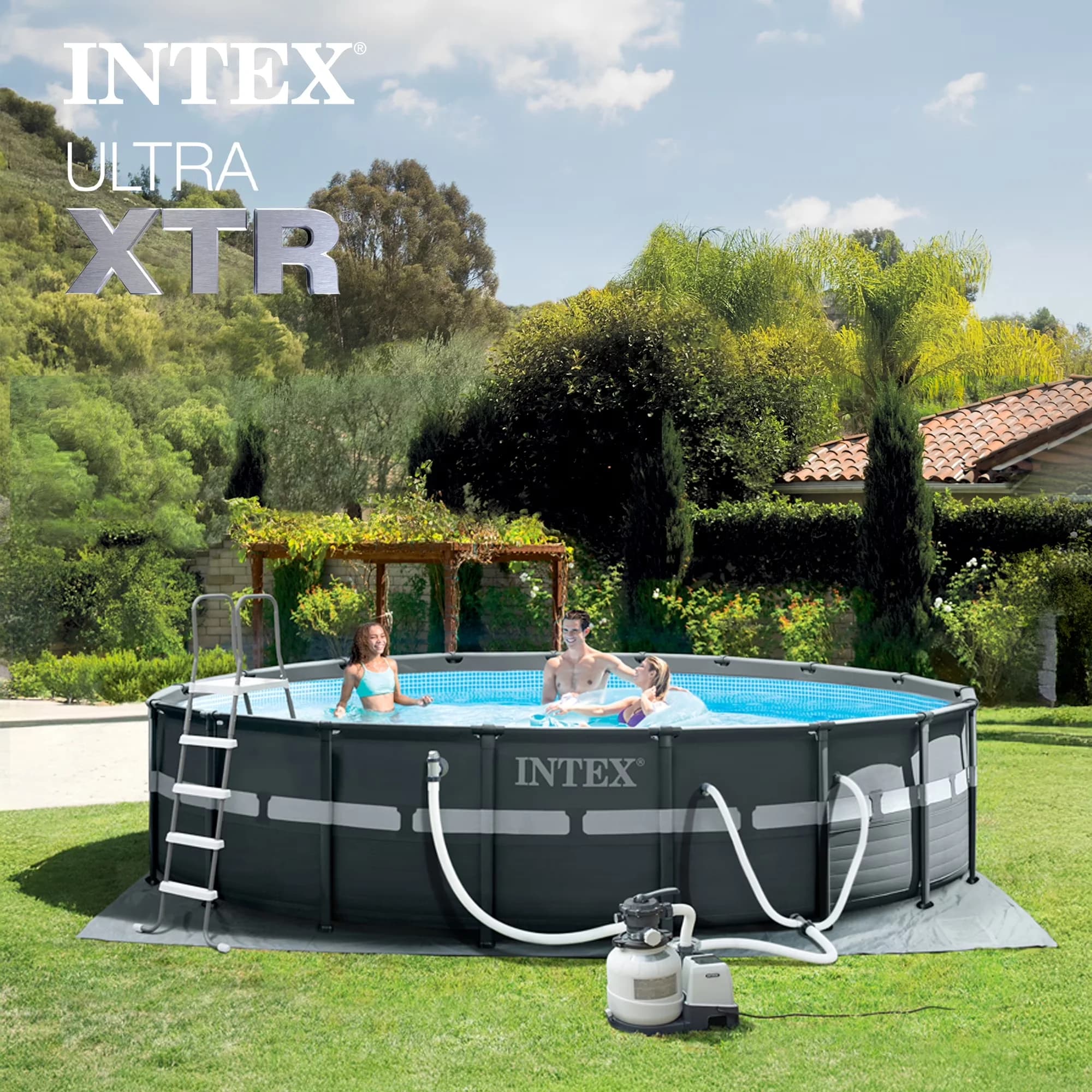Stylish Above Ground Pool with Puncture Resistant, & Cleaning Maintenance Kit, Sand Filter Pump - Model B68006