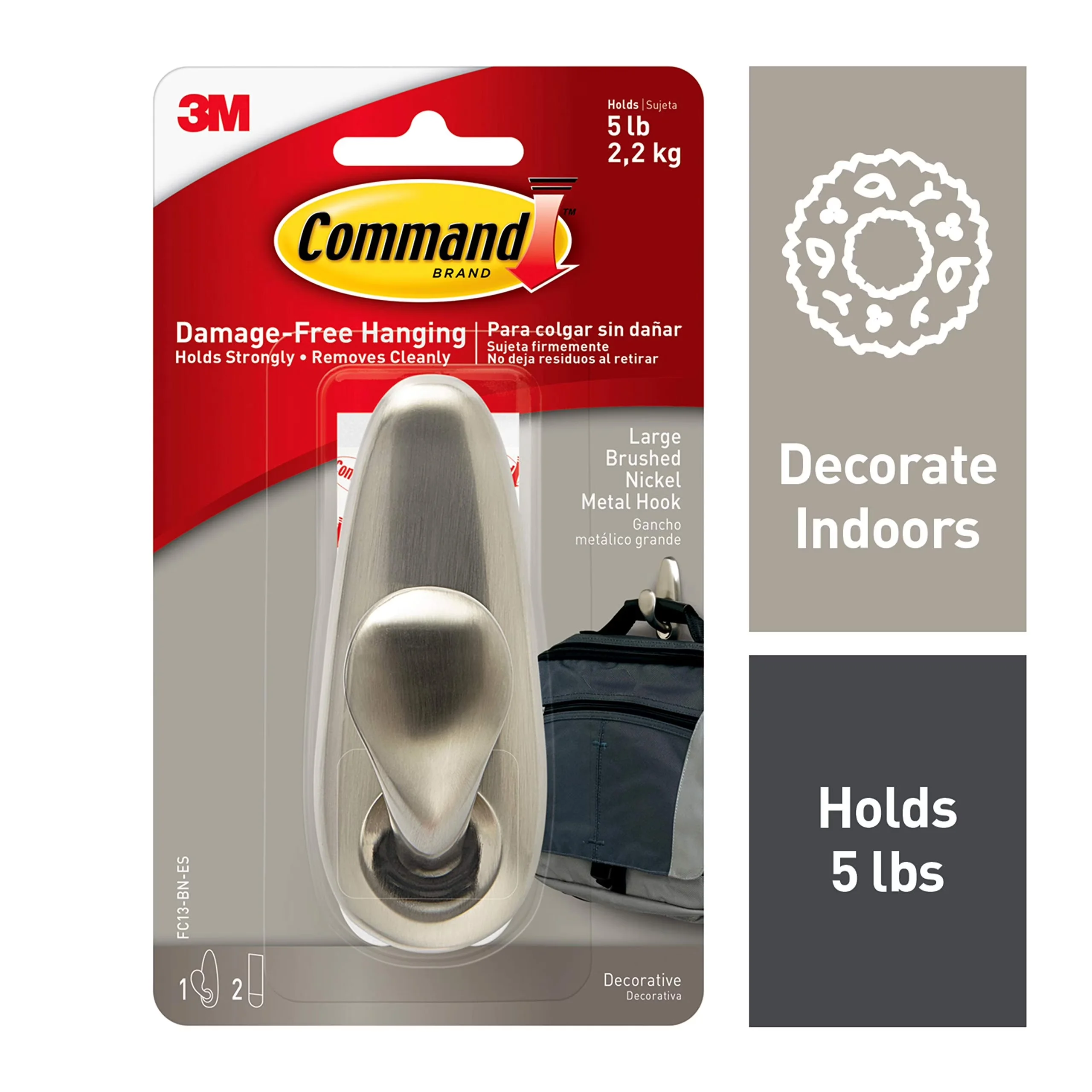 Reliable Damage-Free Hanging with Easy Clean, 1 Hook, FC13-BN - Metal Silver Model C2D4D9