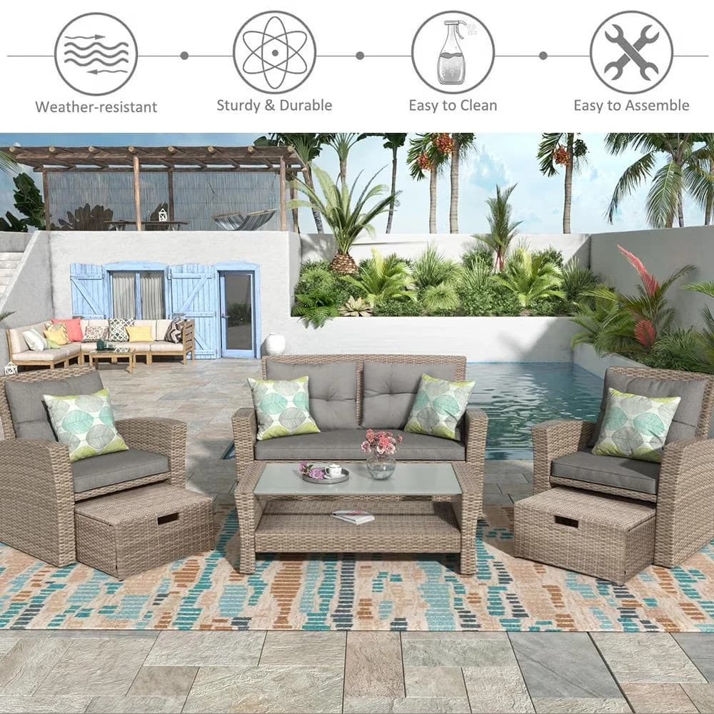 Quality Patio Conversation Set with 6 Piece Outdoor Furniture Sets, Ottoman & Cushions, All-Weather Rattan - Pe Rattan, Steel,... Model DCC641