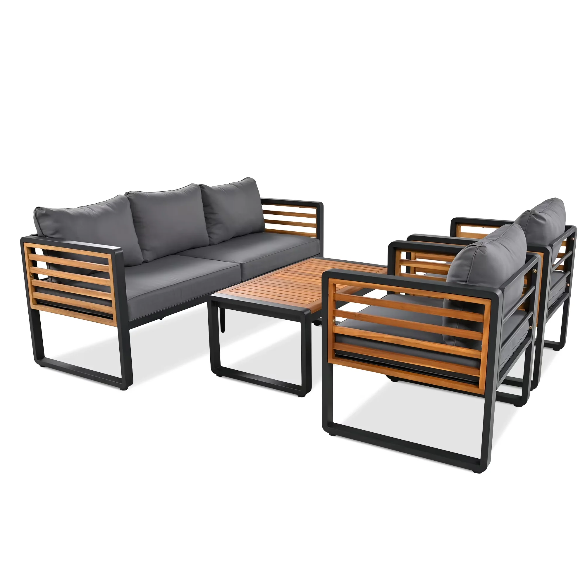 Professional Patio Conversation Set with Metal & Wood Frame, Removable Cushions & Adjustable Feet, Acacia Wood Tabletop - Gray Metal... Model 48E405