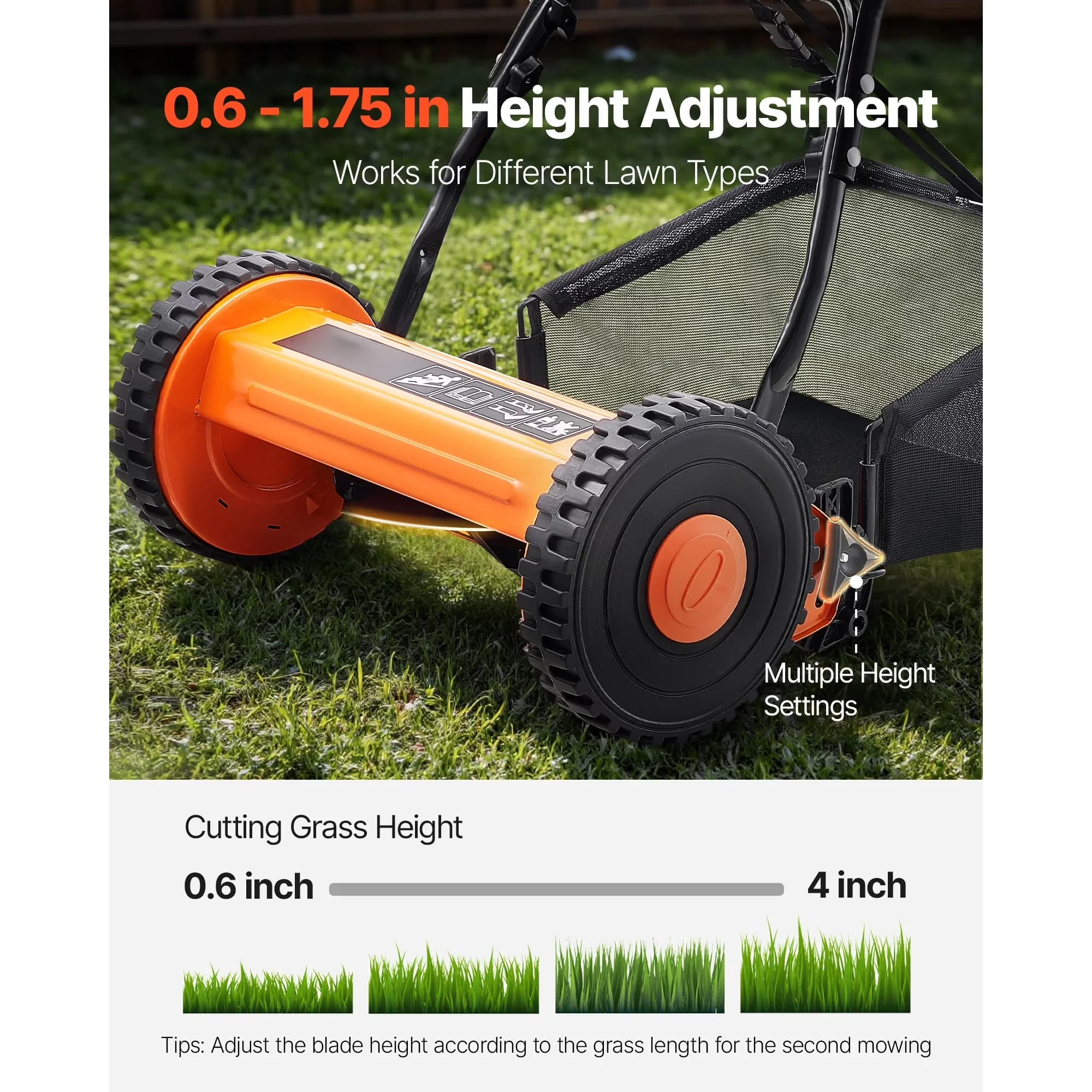 Stylish Push Mower with Adjustable, 14-Inch Manual Reel Lawn, Walk-Behind - Model B2A446