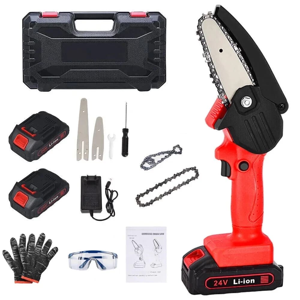 Professional Chainsaw with Battery, 24V, 6" Mini Cordless - Red - Low Maintenance Model E754DB