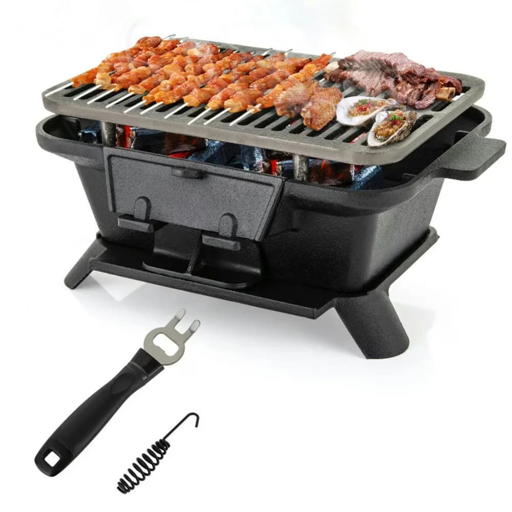 Flat Top Grill Compact with Portable, 100% Cast Iron Hibachi, Grate Lifter - Cast Iron Black for Patio, Garden Model 232A04