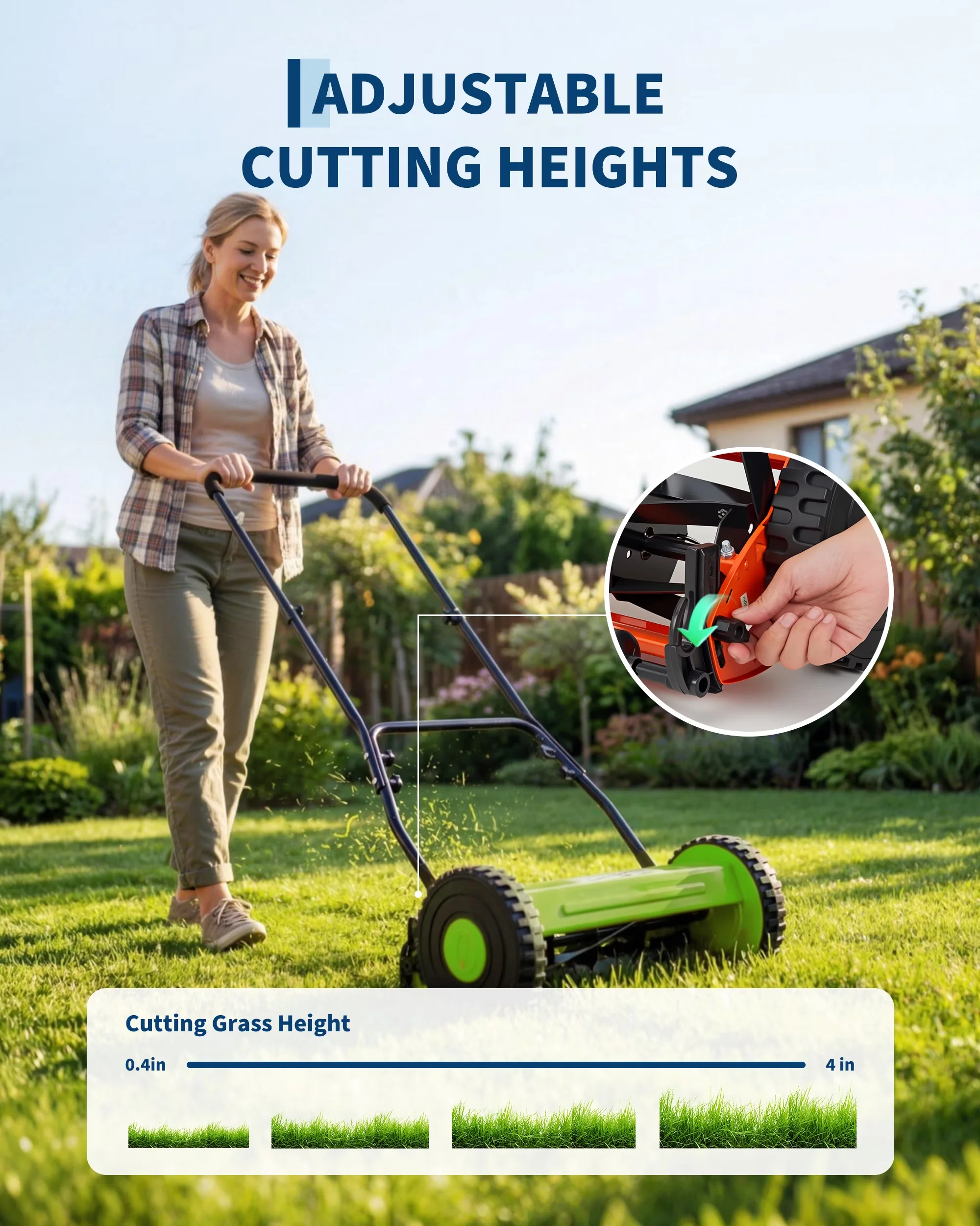 Push Mower Stylish with Adjustable Cutting Height, Lightweight, Adjustable Height - Green for Small Model B66AEF