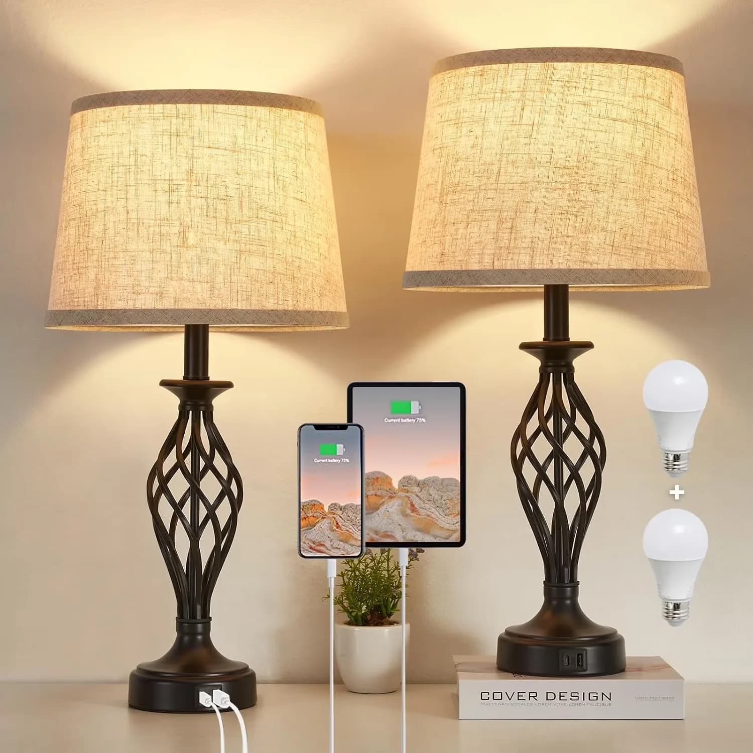 Modern Lamp Set with LED, Usb Port, Table Lamps of 2 - Black Metal,Fabric Model 7D327B