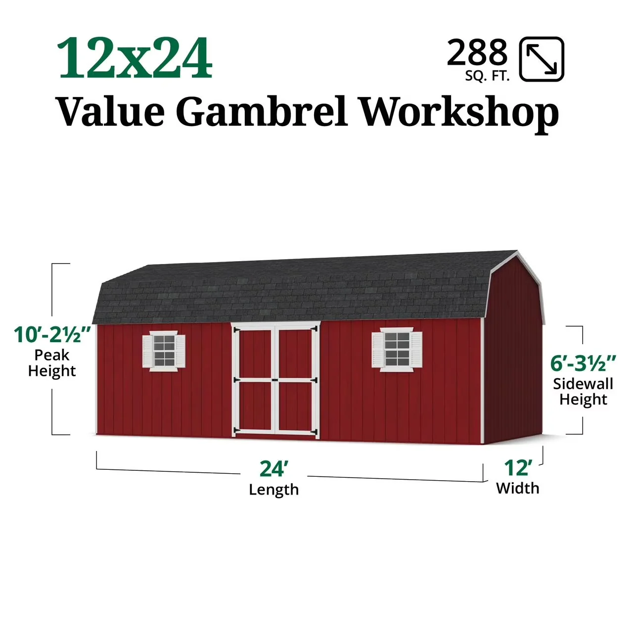 Professional Shed with 12x24 Value Gambrel Workshop Barn, 6 ft. Sidewalls and Floor - Brown Wood Model 9214F5