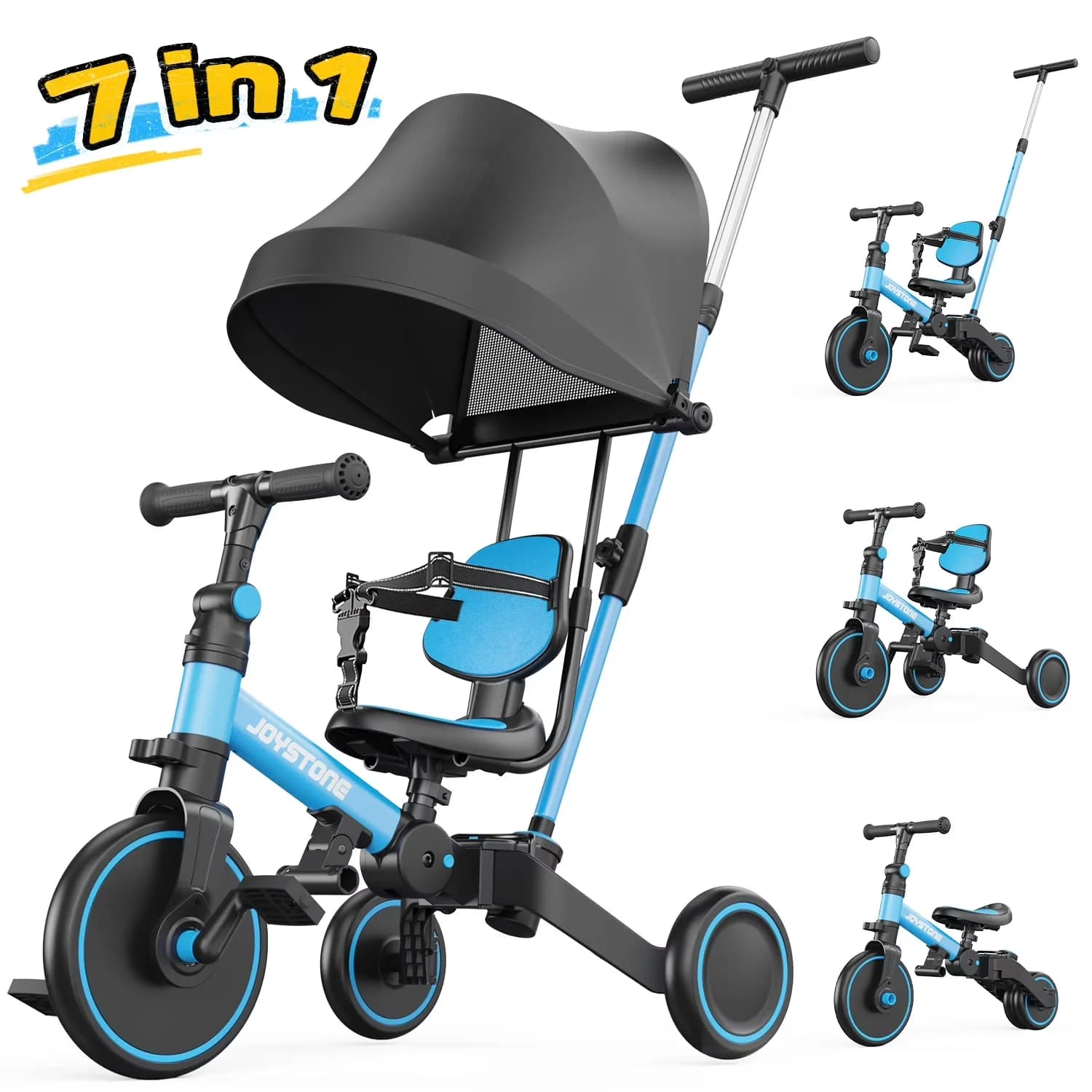 Kids Bike Compact with Adjustable Seat, Adjustable Canopy, 7 in 1 Folding Toddler Tricycle - Blue Model F75C42