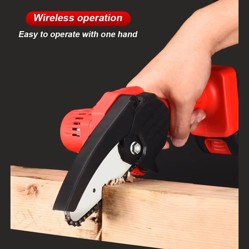 Professional Chainsaw with Battery, 24V, 6" Mini Cordless - Red - Low Maintenance Model E754DB