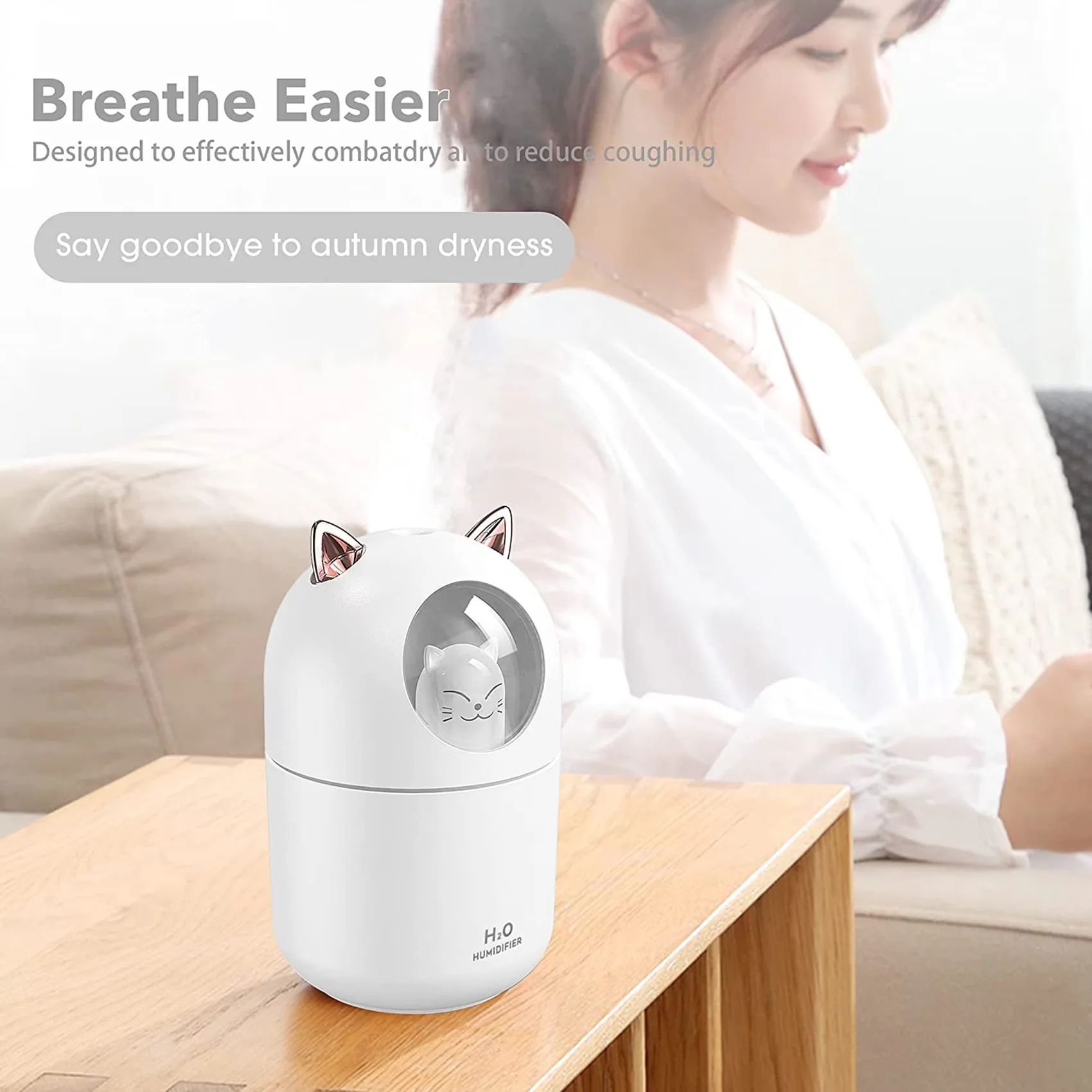 Versatile Humidifier with Purifies Air, Cute Cat Cool Mist - Gold for Home Model 3DAE1A