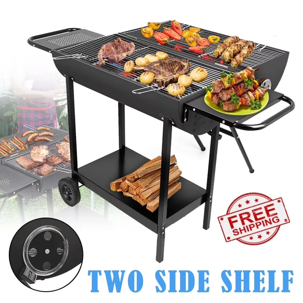Quality Charcoal Grill with Foldable, Two Side Shelf Large Stainless Steel - Black Stainless Steel for Camping Model E06A30