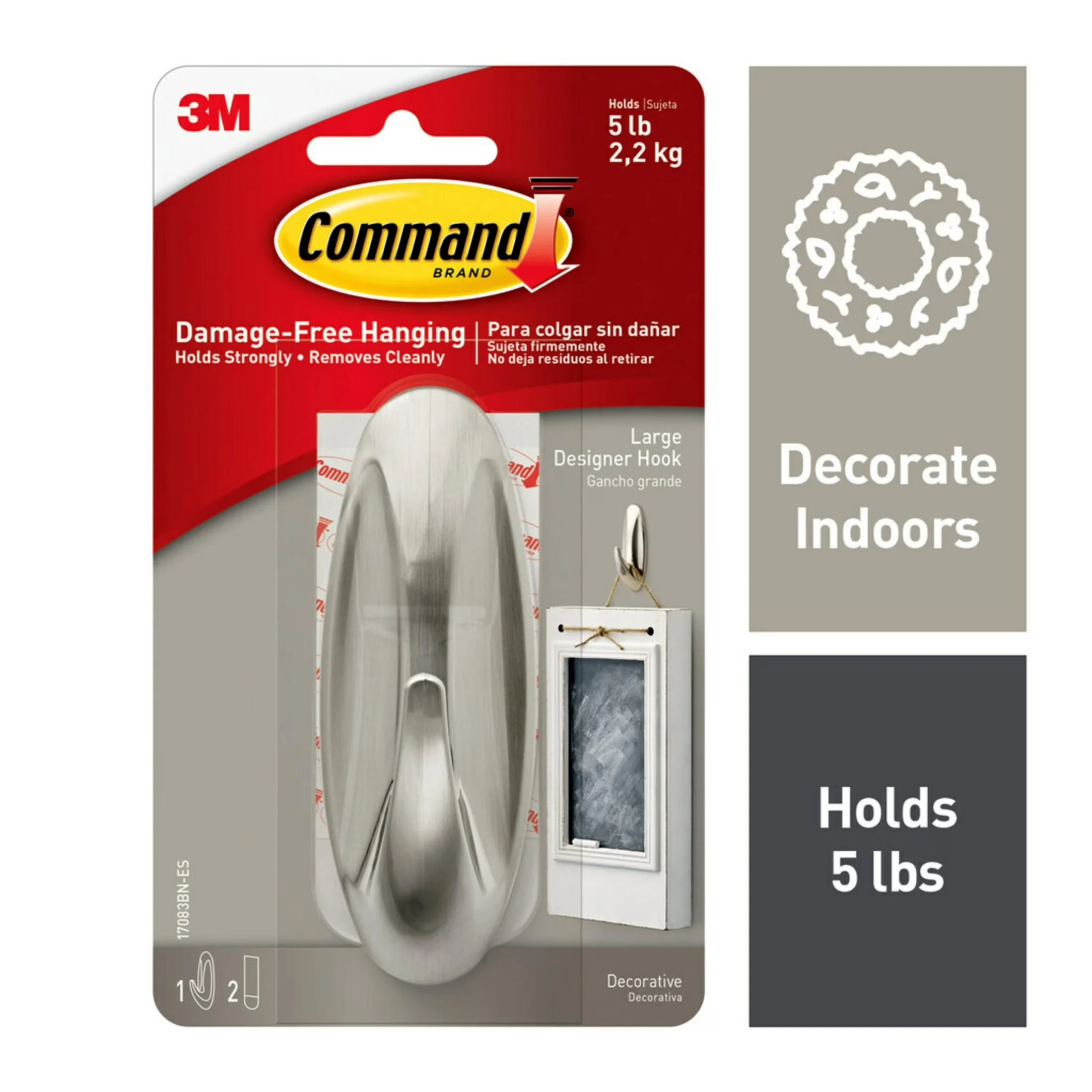 Versatile Damage-Free Hanging with Easy Installation, Designer Hooks, Brushed Nickel - White Plastic Model F9D889