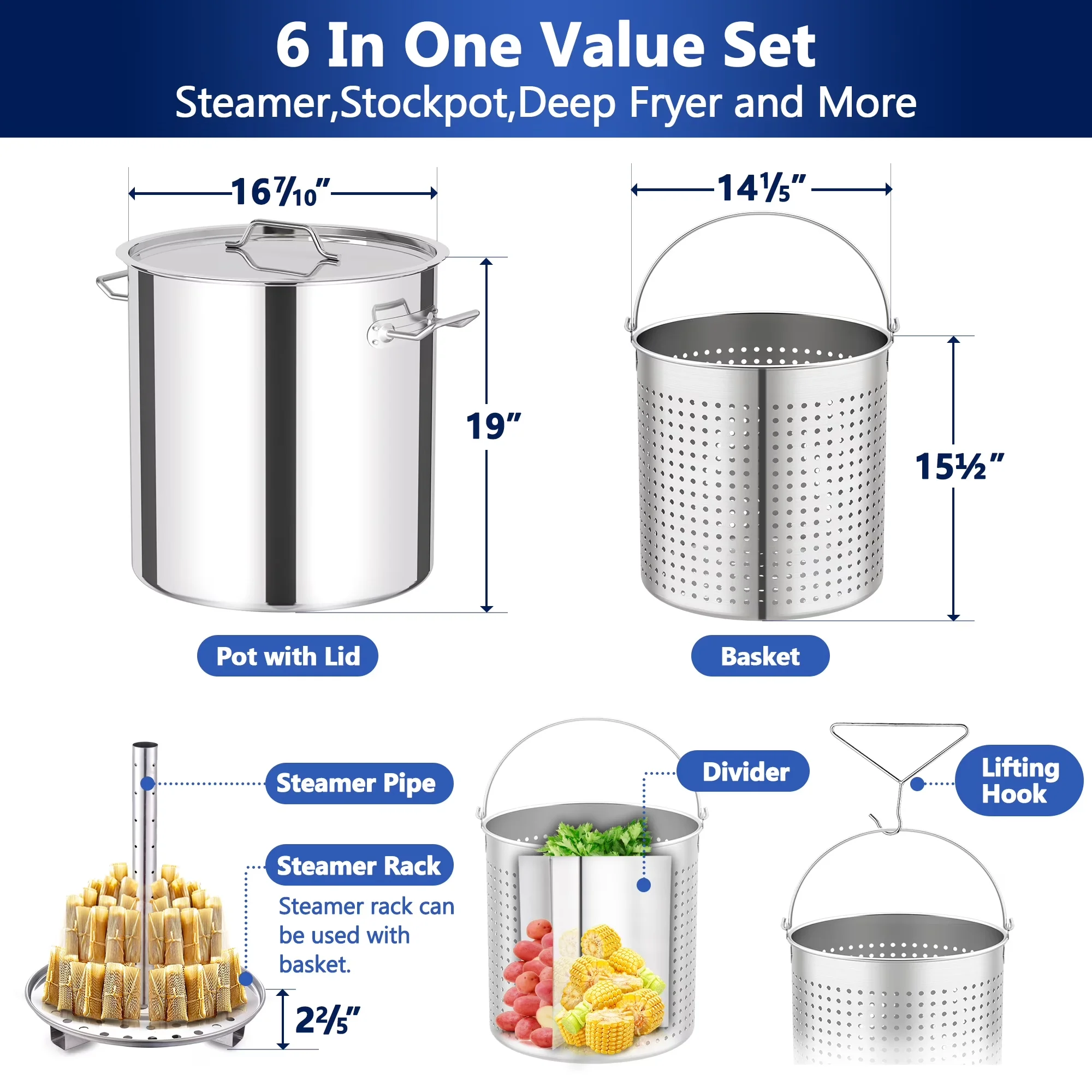 Efficient Outdoor Fryer with 200000 BTU, Basket and Turkey Burner, Shrimp Boil Pot - Silver Stainless Steel, Cast Iron Model E0F231