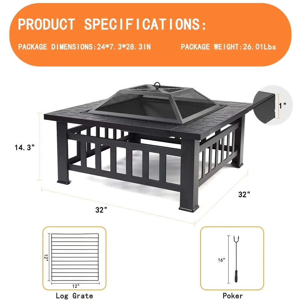 Outdoor Heating Compact with Portable, Square Metal Fire Pit Stove - Metal Black for Garden, Camping Model 5F0B04