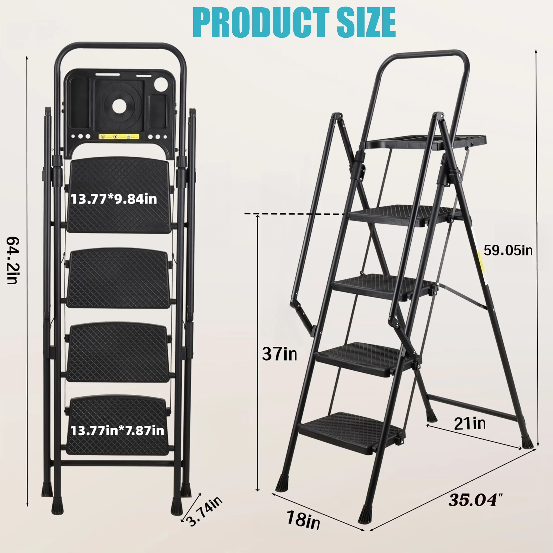 Building Material Sleek with Work Platform Ladders, 4 Step Ladder, Tool Tray - Black Steel Model 12299E
