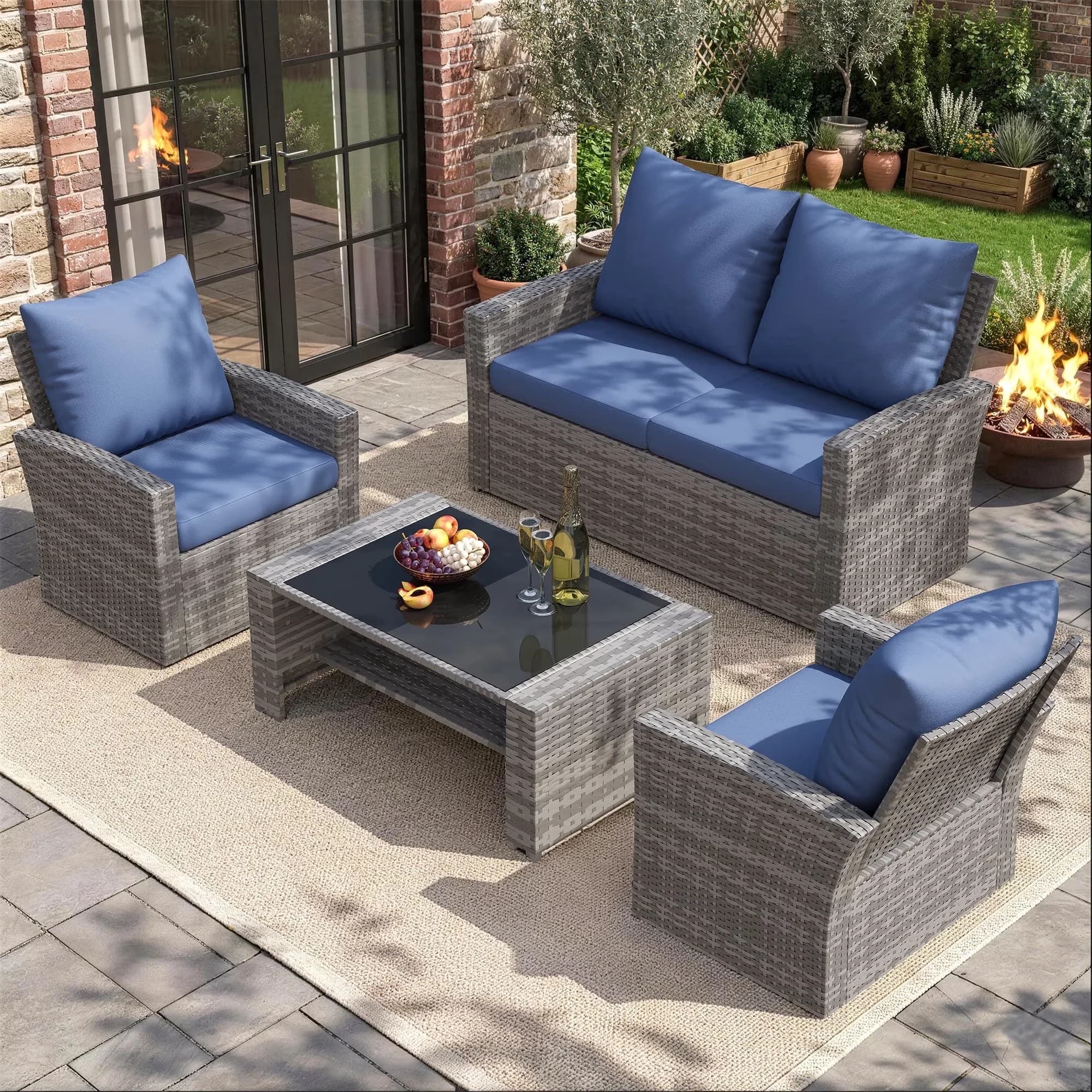 Versatile Patio Dining Set with Weatherproof, Gray PE Rattan Sofa - Blue Rattan Model C505C0