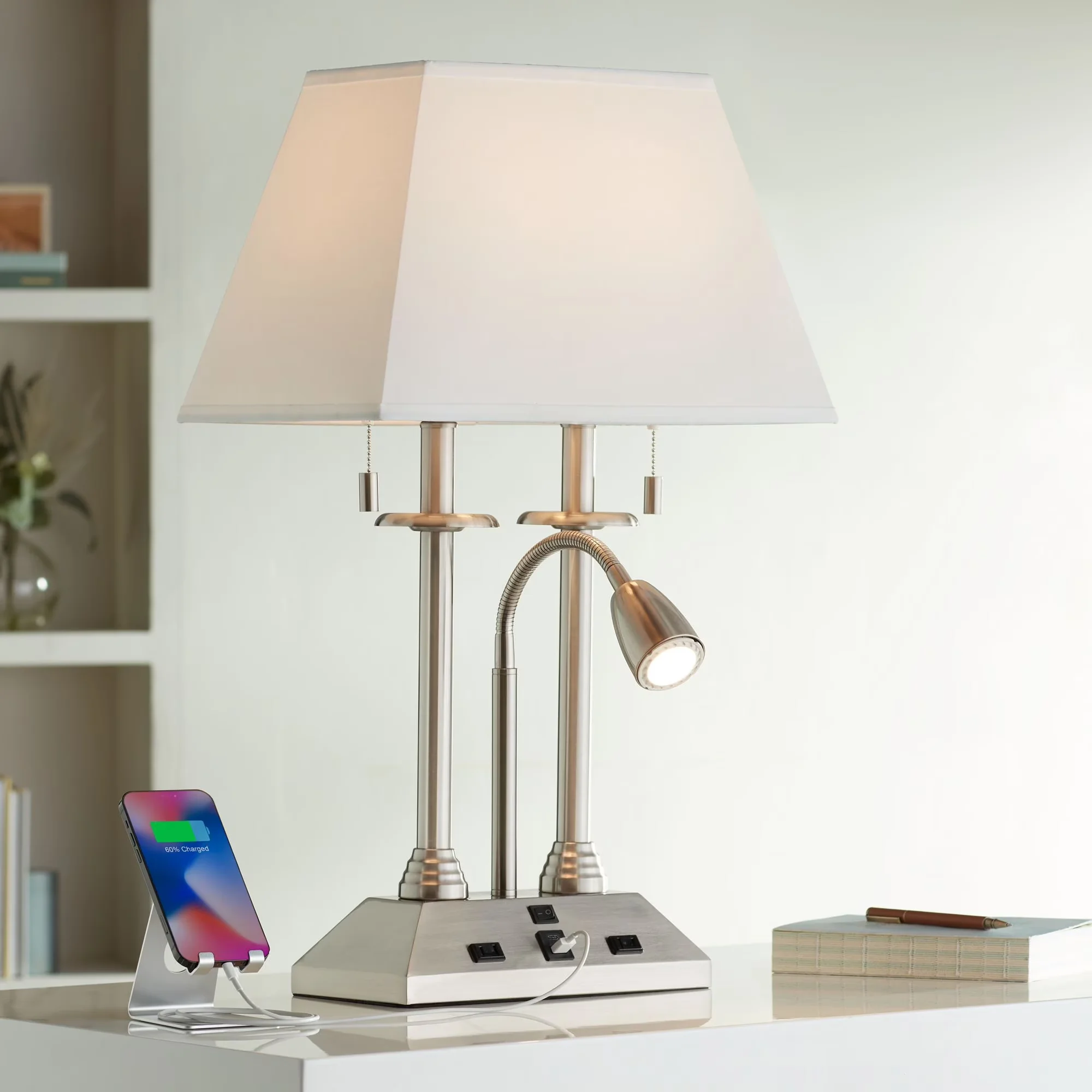 Modern Desk Lamp with LED, Adjustable Head - Brushed Nickel Silver Dexter Model 668FB8
