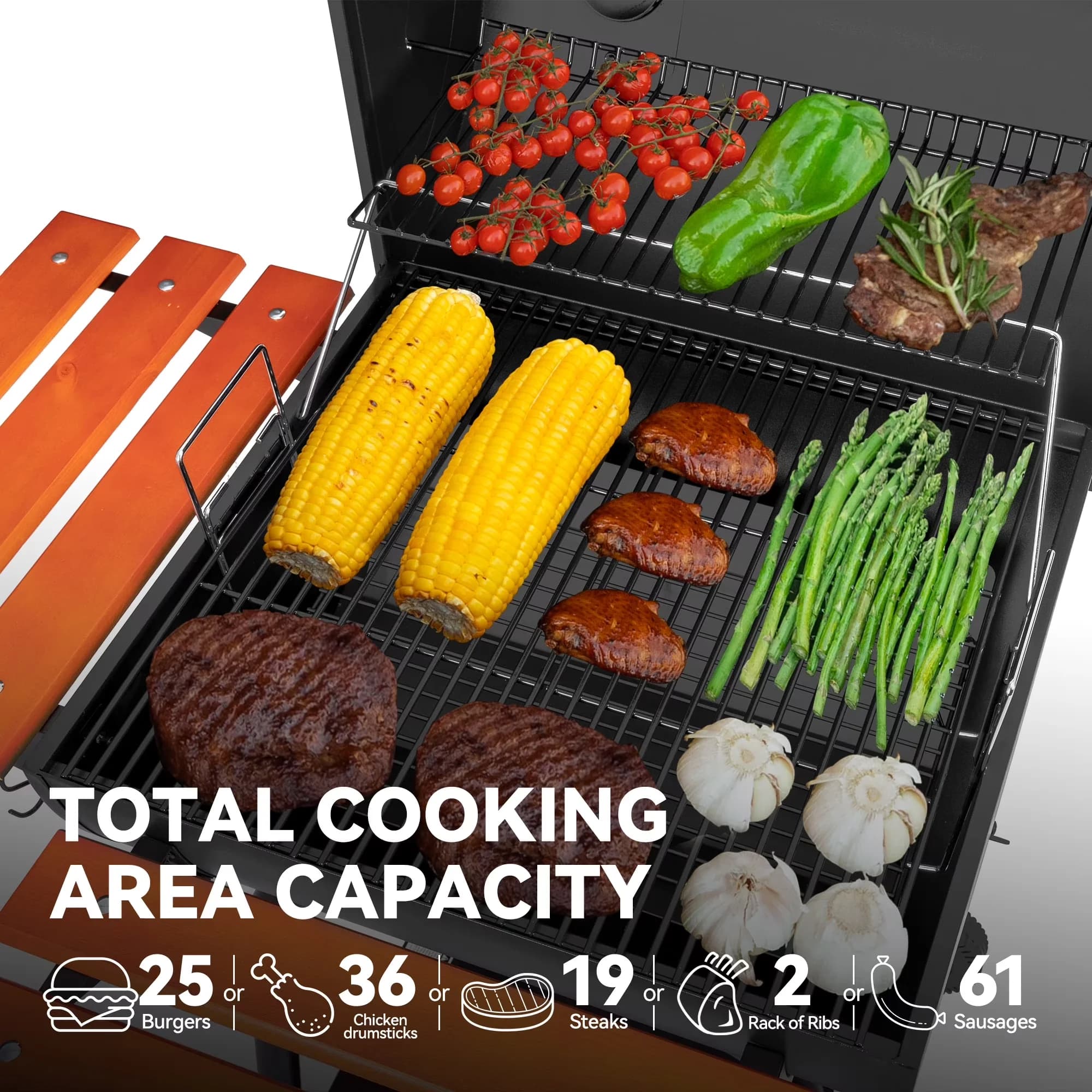 Charcoal Grill Classic with Warming Rack, Wooden Front Shelf & Side Shelf, 24-inch BBQ - Black Model 944470