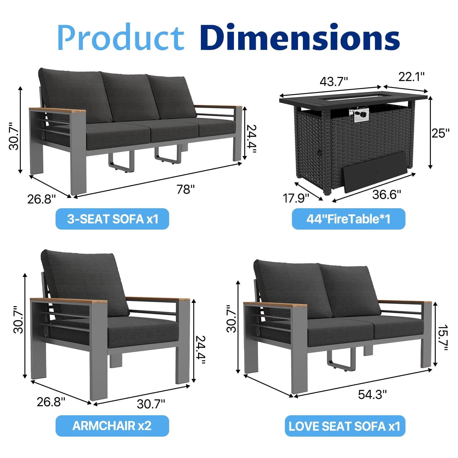 Outdoor Sofas Sectional Efficient with Weatherproof, Dark Gray, 5 Piece Aluminum Patio Furniture Set - Aluminum&Olefin&Steel&Foam Model CB6176