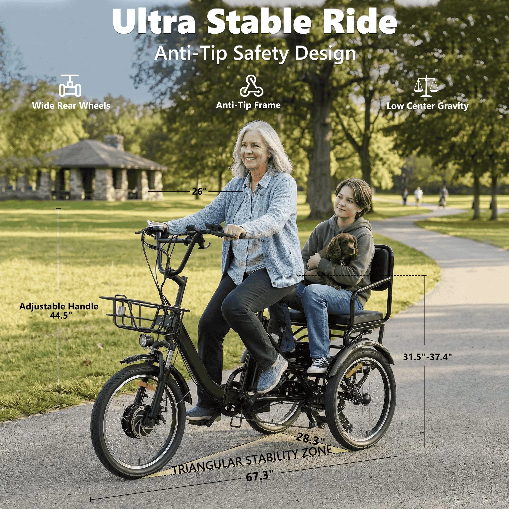 Electric Bike Efficient with 48V, Adjustable Handlebar Height, Two-Seat Tricycle - Black Model EA7312