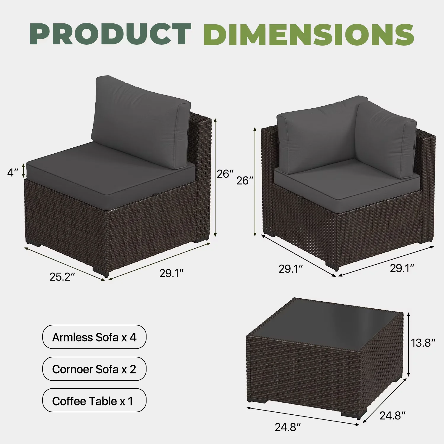 Quality Patio Conversation Set with Weatherproof, Brown Wicker Sectional Sofa - Rattan, Galvanized Steel, Polyester Fabric Brown... Model 6F5358