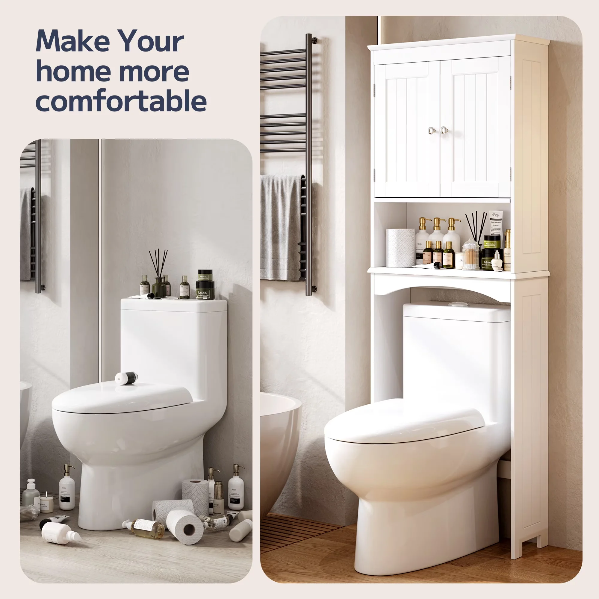 Essential Bathroom Renovation with Adjustable Shelves, Modern, Adjustable Shelf & 2 Doors - White Medium Density Fiberboard Model 00F46F