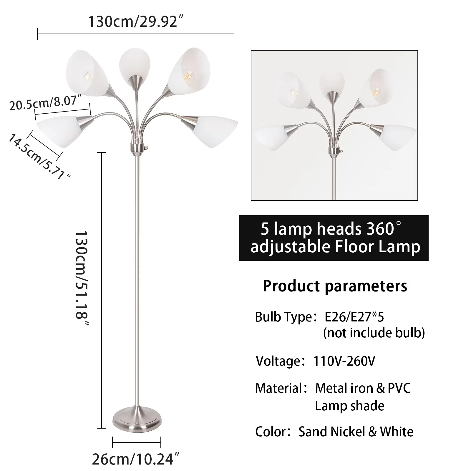 Premium Floor Lamp with LED, Adjustable Head, Torchiere Lamps - Silver Metal for Bedroom Model 7CD7CF
