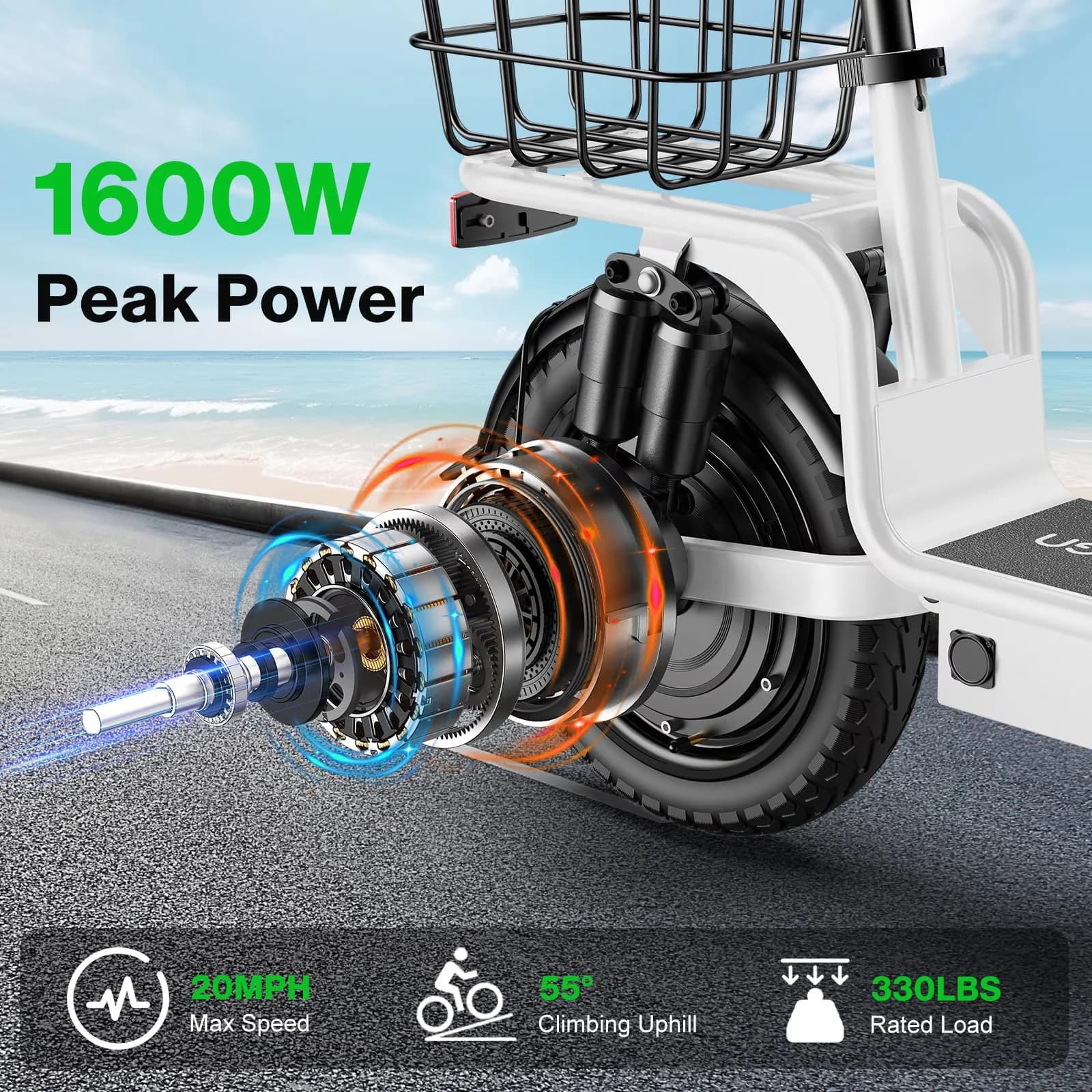 Scooter Professional with 1600W, 48V, Electric - White High Carbon Steel Model 111CA8