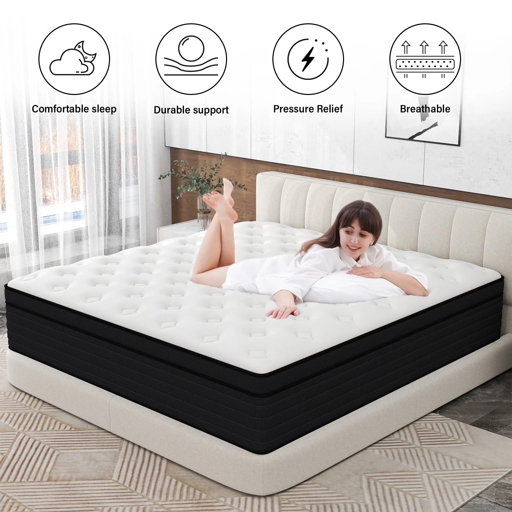 Innovative Mattresses Accessory with Mattress-In-A-Box, 12 inch Queen Mattress - Gel Memory Foam, Pocket Coils, 3D Knitted Fabric White Model F350A9