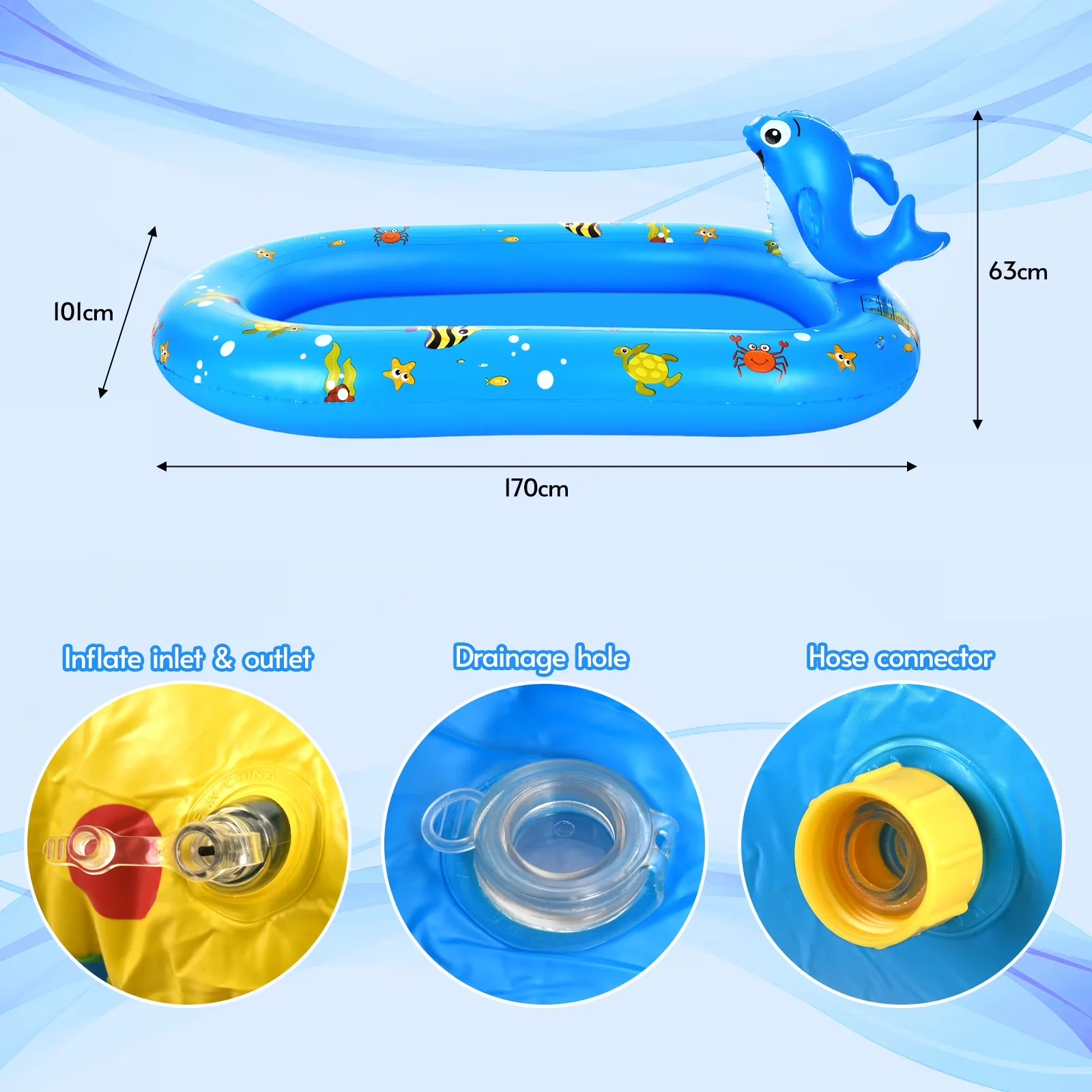 Stylish Inflatable Pool with Dolphin Sprinkler, No-toxic and wear-resistance., Compact and lightweight. - Cute Dolphin Model E4B0A4