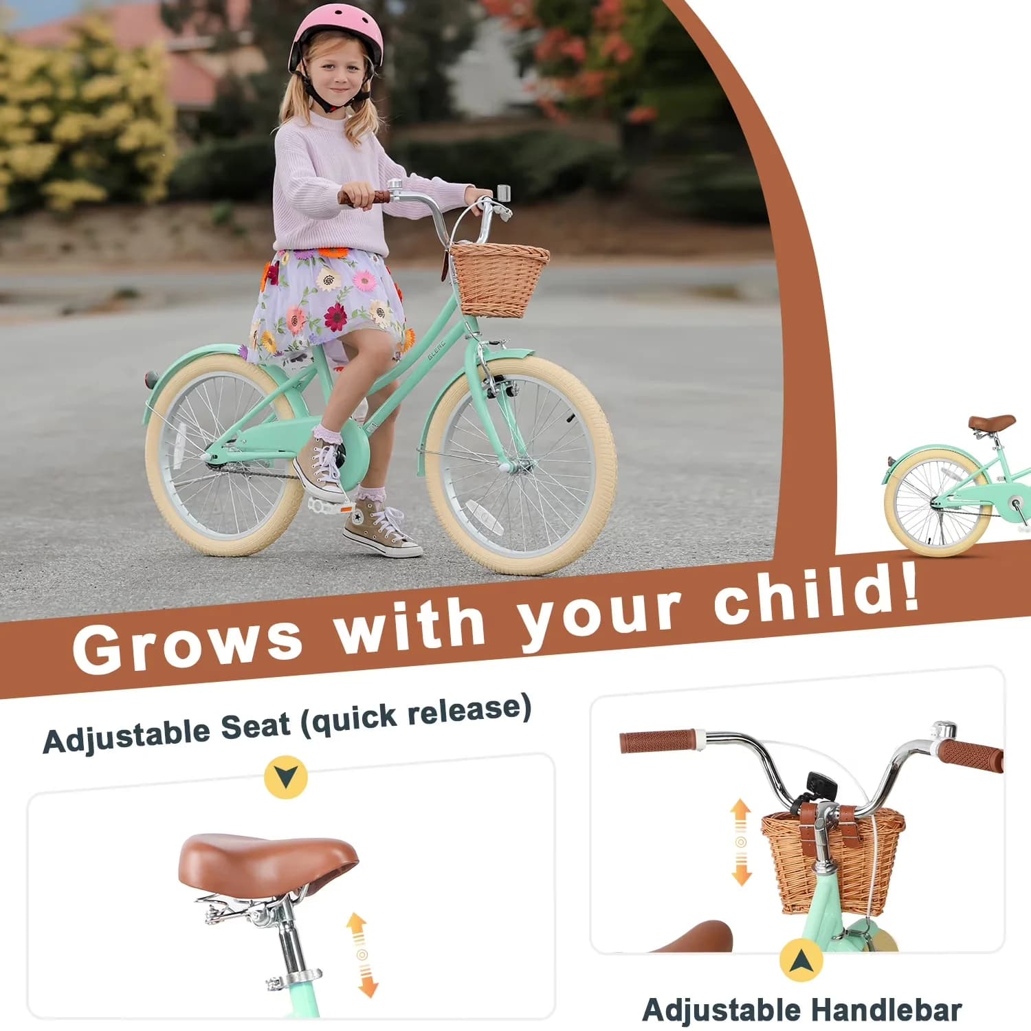Classic Cruiser Bike with Adjustable Handlebar Height, Adjustable Seat Height, Little Molly 20 inch Kids Girls - Green Model C52130