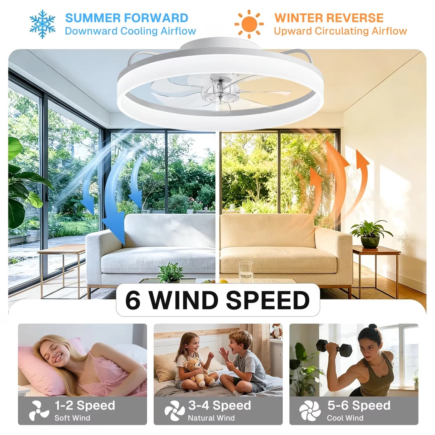 Stylish Ceiling Fan with LED, Bluetooth Compatible - White for Living Room, Bedroom Model 89F108