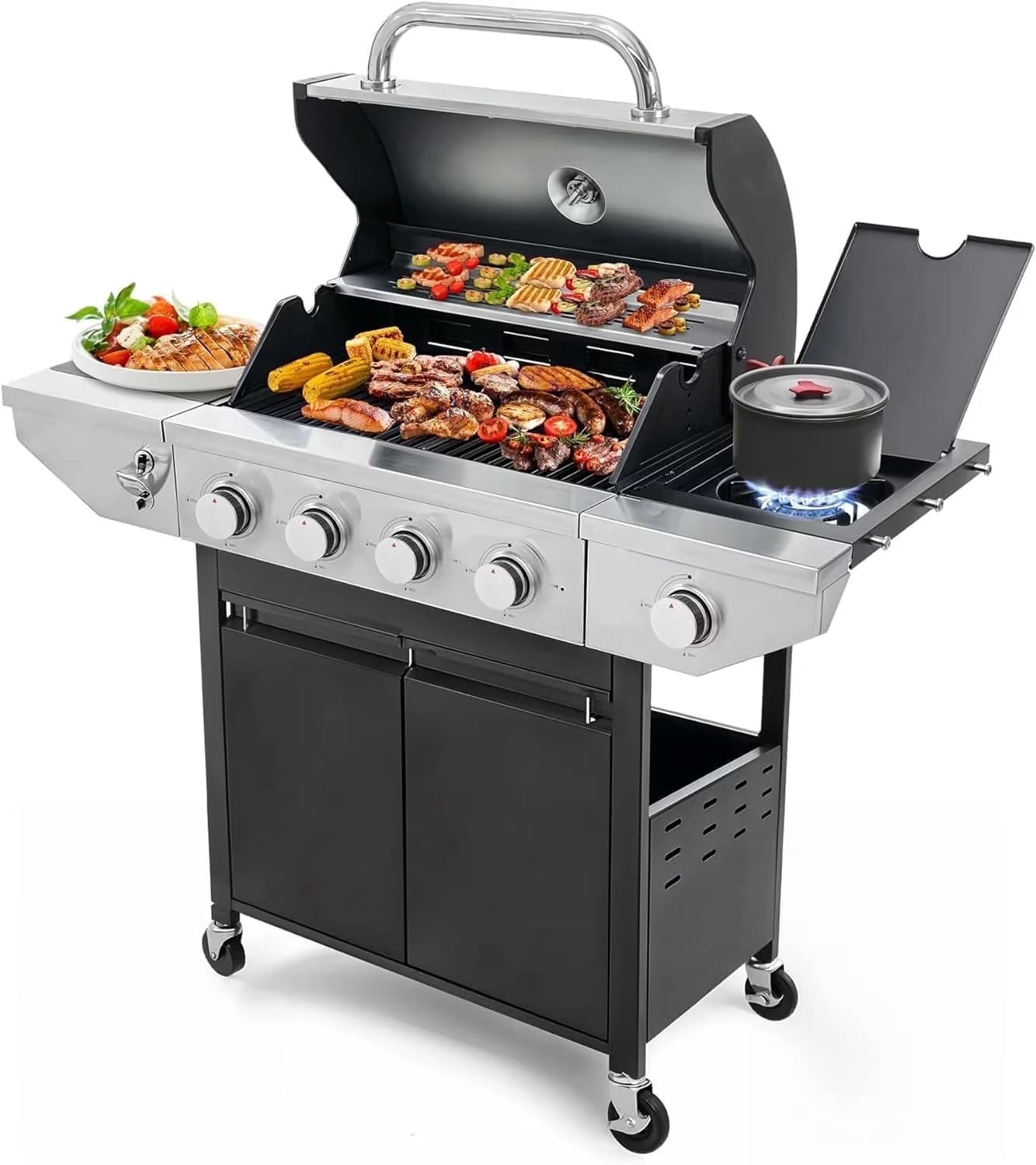Sleek Flat Top Grill with Foldable Legs, Storage Rack, 4-Burner Black Propane Gas - Black Iron Model 0A2C03