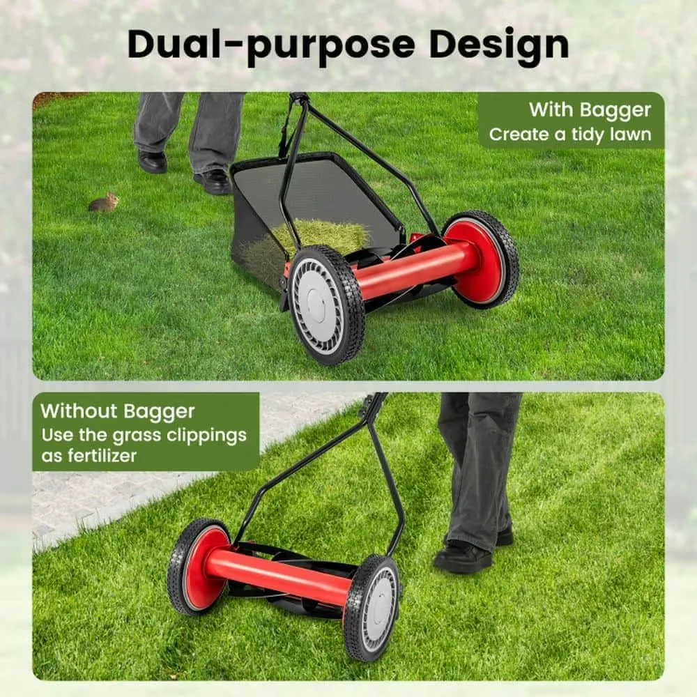 Compact Push Mower with 14 Inch Lawn, 5 Steel Blades and Grass Catcher Bag, Lawn - Red for Outdoor Model A16F3D