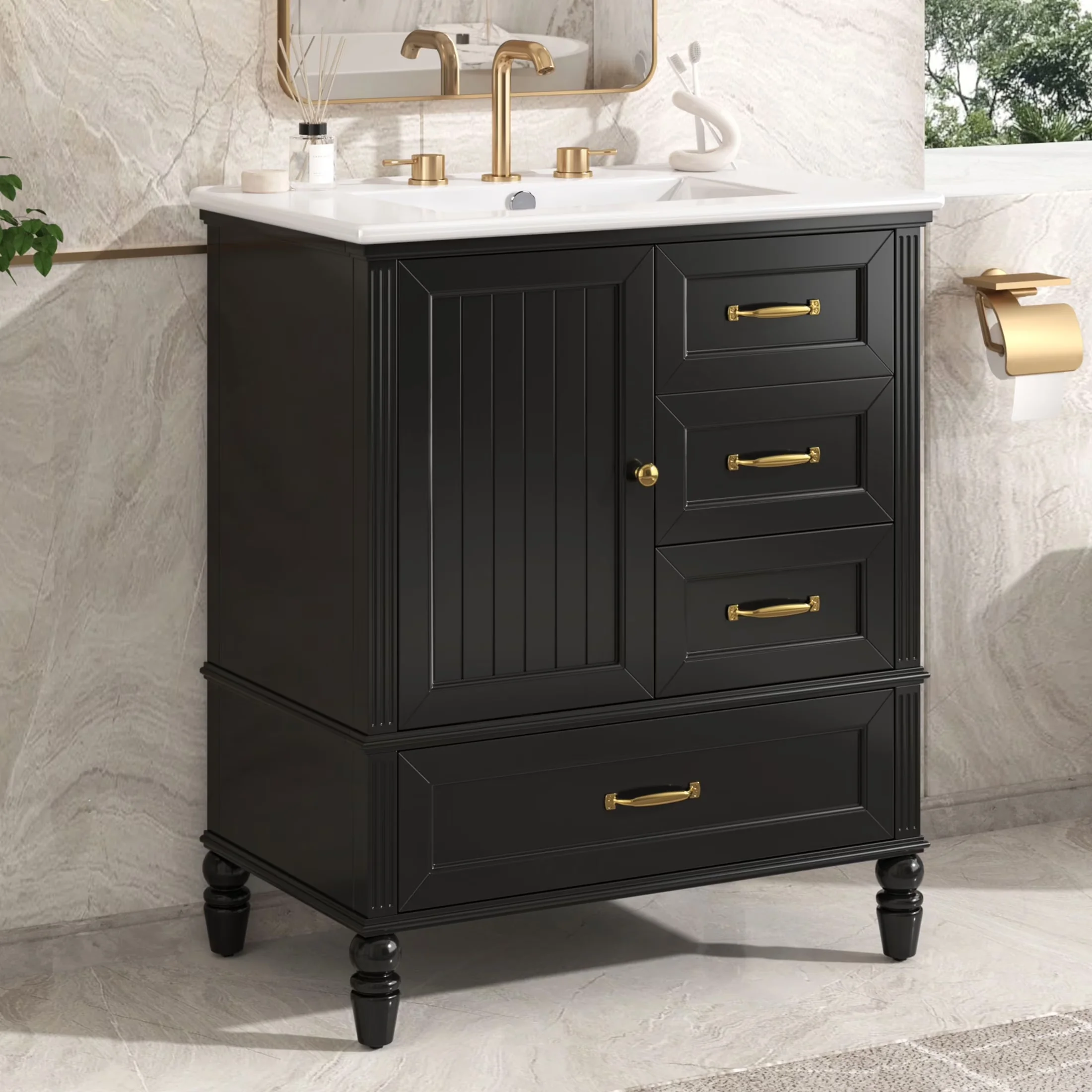 Efficient Bathroom Renovation with Solid Wood Legs, Cabinet, Ceramic Sink - Model DA6D3D