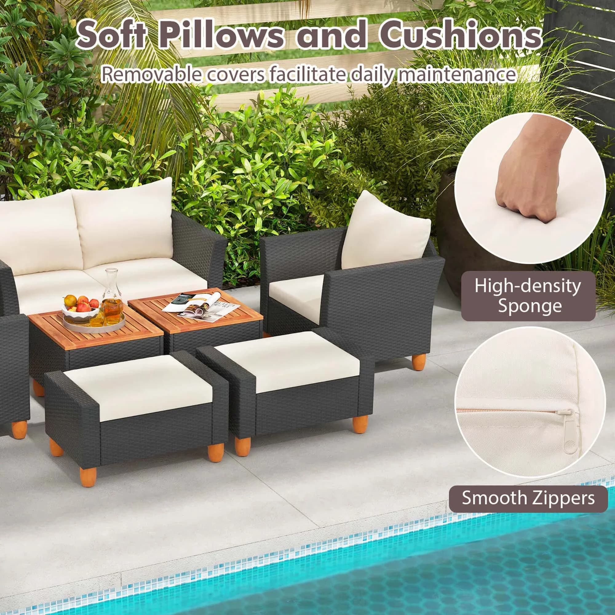 Stylish Patio Conversation Set with Storage, 7 PCS Furniture - Pe Rattan, Acacia Wood, Metal, Non-Woven Fabric, Sponge White Model 7132AB