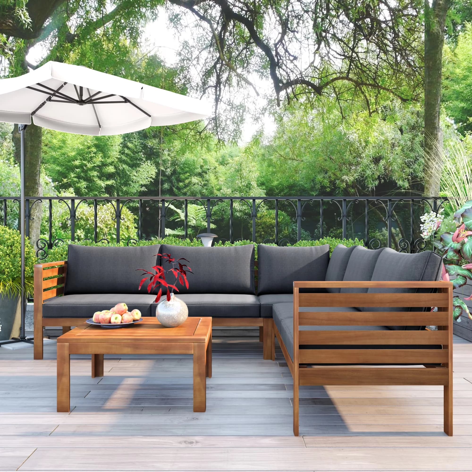 Classic Outdoor Sofas Sectional with Modern, Beige Cushions, Water-Resistant & UV-Protected - Gray Wood Model 4FA4D2