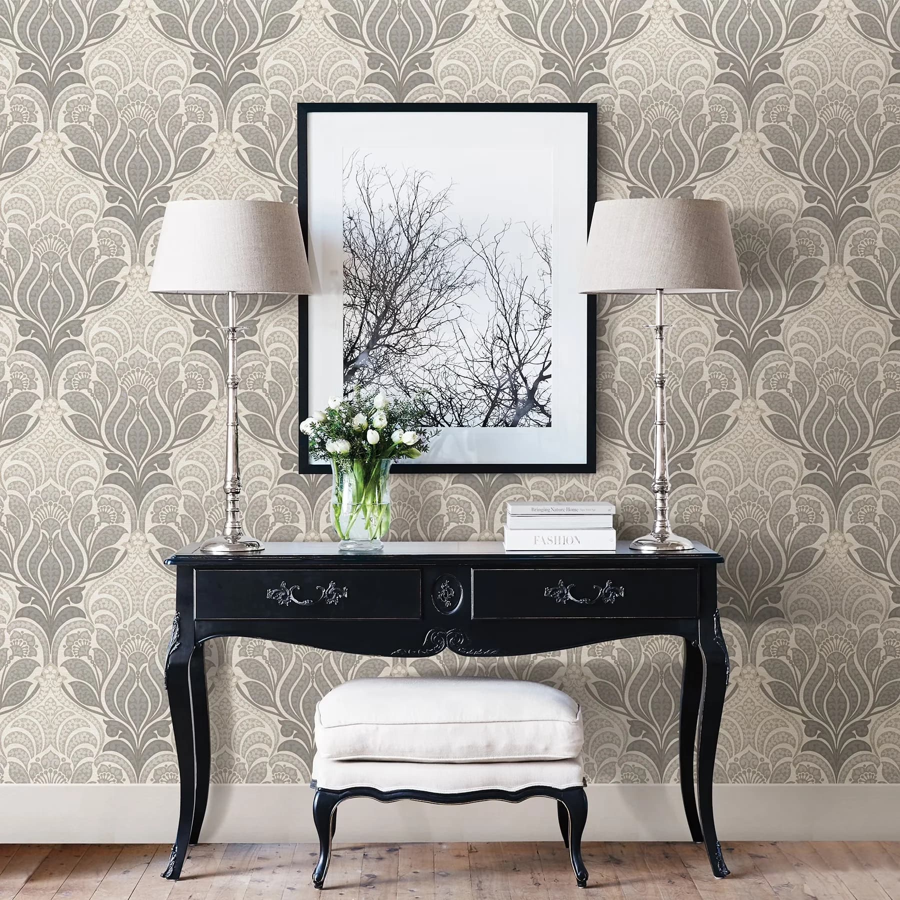 Wallpaper Professional with Removable, Ombre damask peel and stick wallpaper, Ideal for rental or home decorating - Gold, Gray Vinyl Model 789FA9
