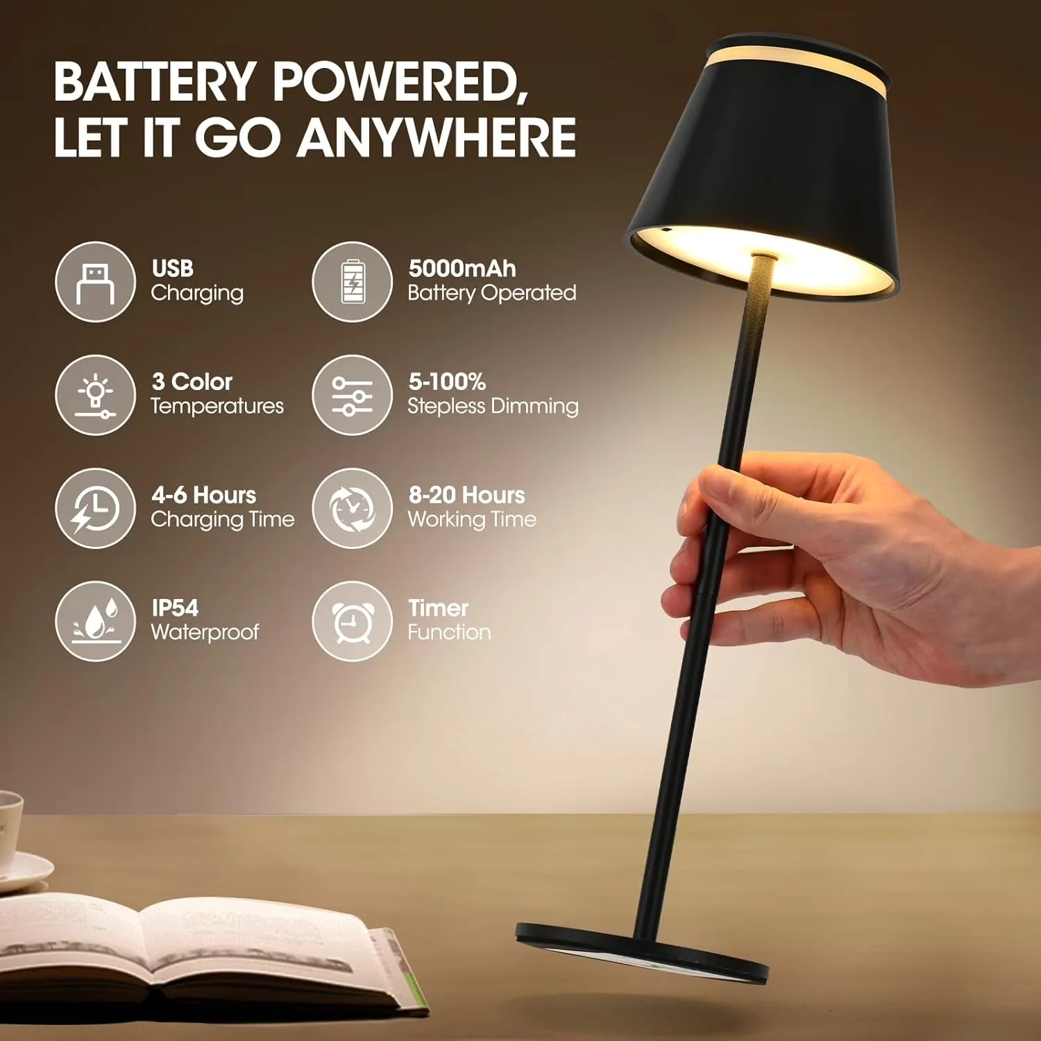 Sleek Lamp Set with LED, 3 Color Stepless Dimming Up Night Light for Camping - Model 4DB277