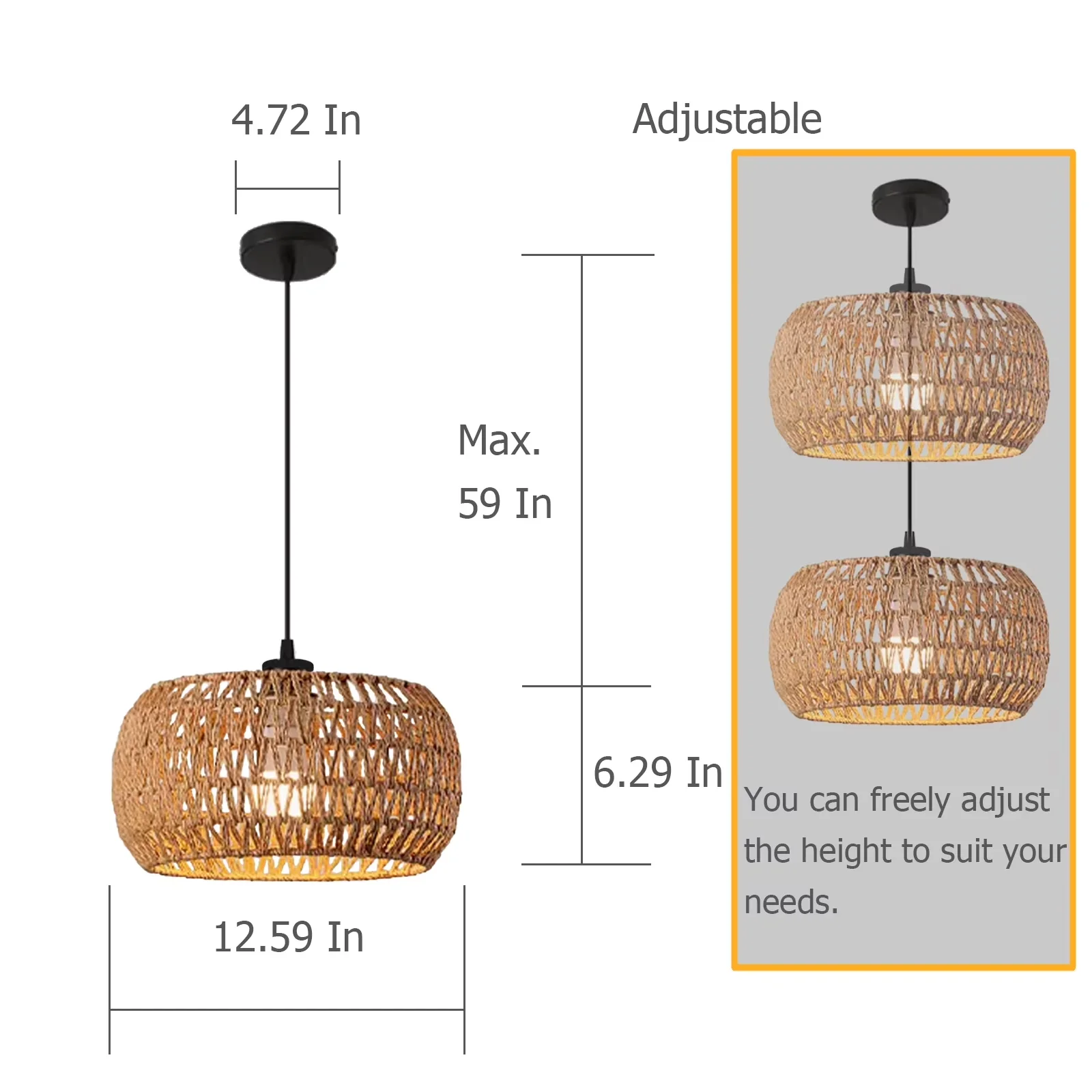 Ceiling Lights Fixture Sleek with Farmhouse, Dimmable, Ratten Woven Shade - Iron Model 369186