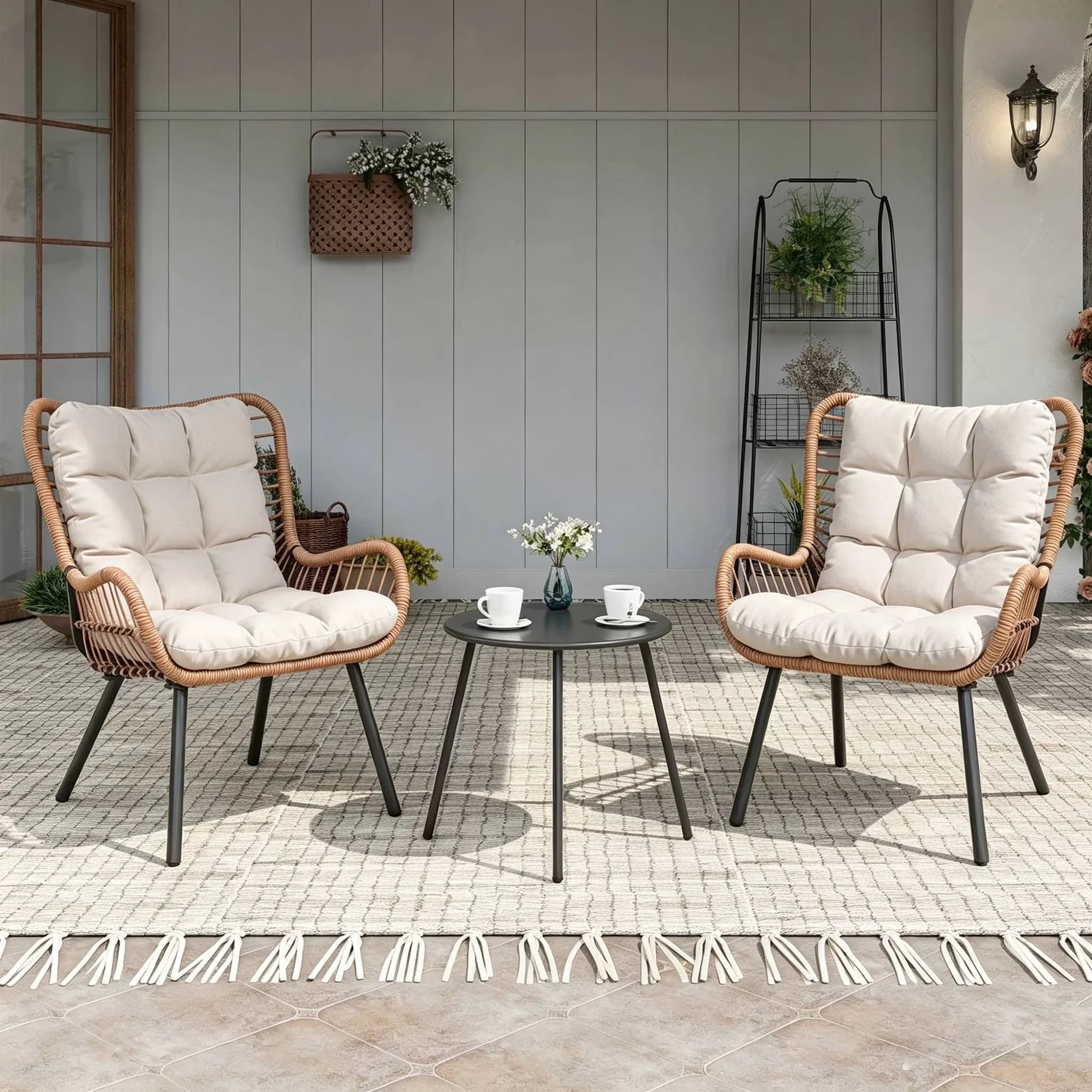Patio Dining Set Quality with Waterproof, 3 Piece Outdoor Bistro - Steel, Pe Rattan, Polyester Beige for Garden Model 86C755