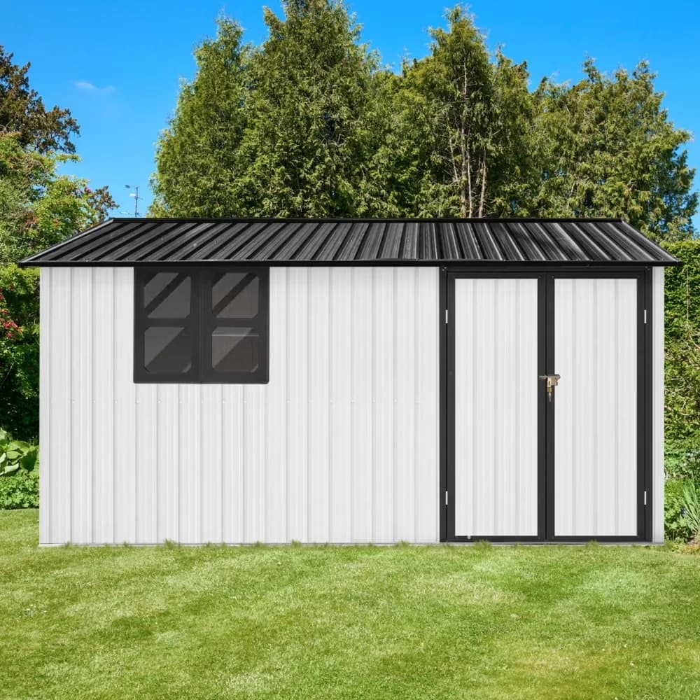 Classic Shed with Lockable Door, Shelves, Window - Metal White 12ft - Ergonomic Design Model C8084B